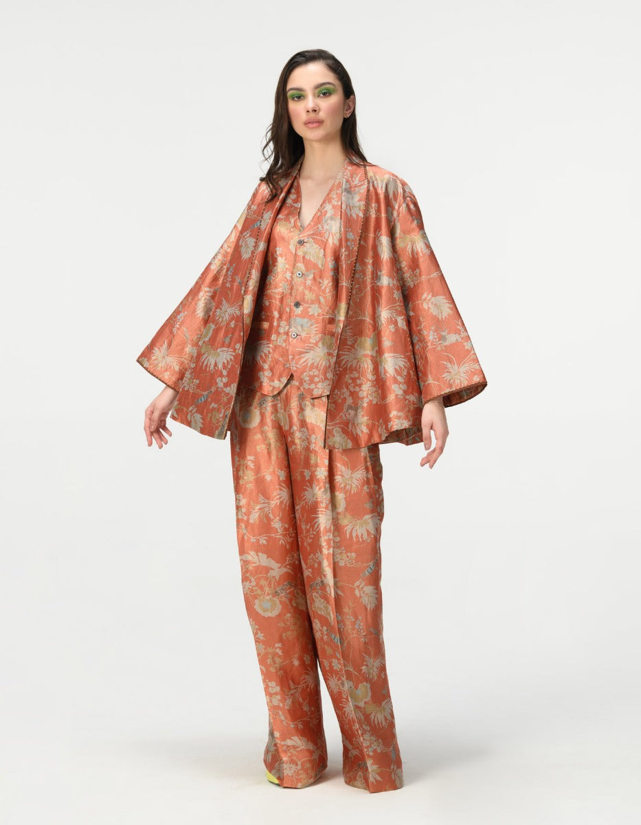Luxury Silk Brocade Cape Coat with Coral Design - Elegant Evening Wear for Women | Perfect for Weddings, Galas, and Special Occasions