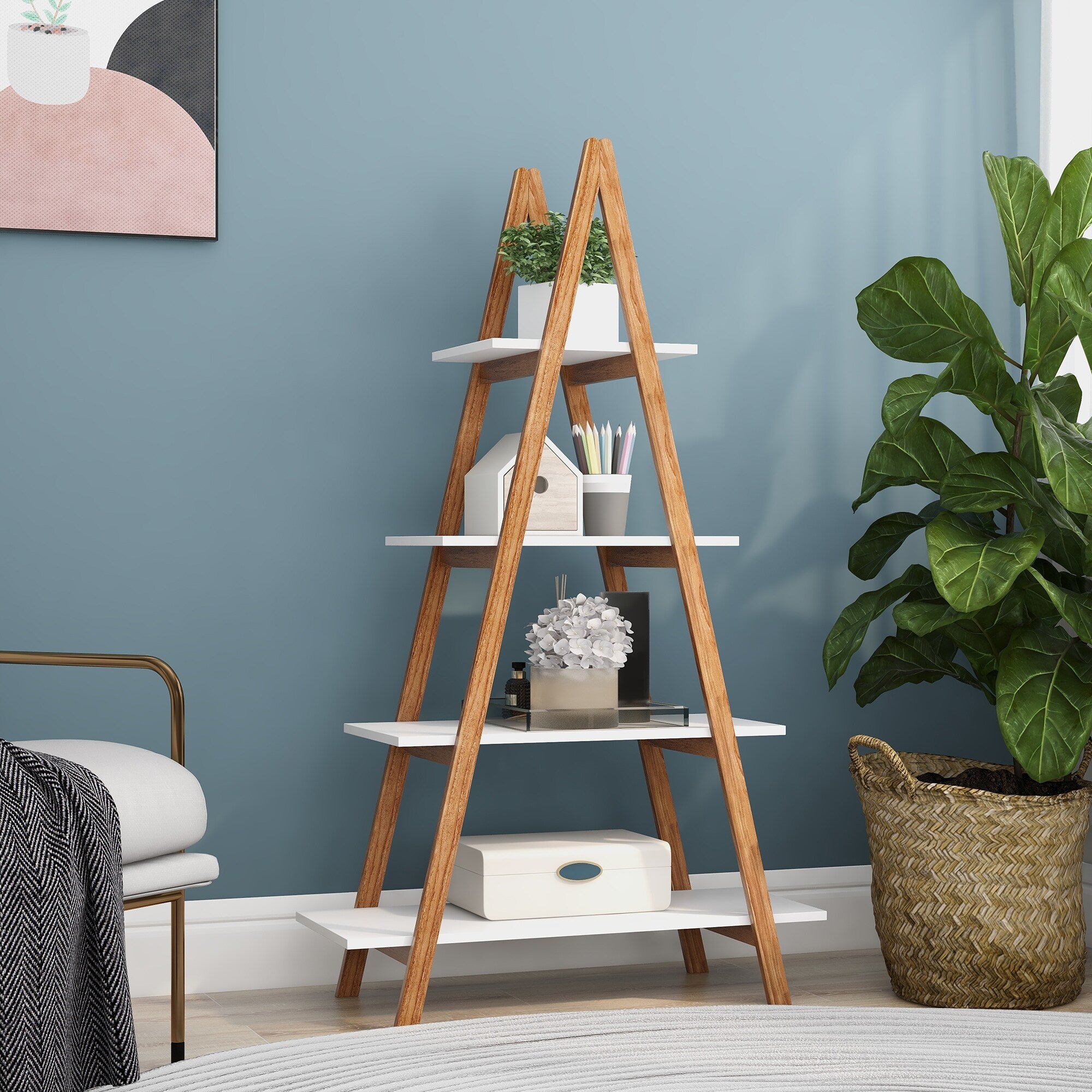 A-Frame Ladder Display Bookshelf - Rustic Wooden Shelf for Home Decor, Books & Plants - Perfect for Living Room, Bedroom & Office Storage