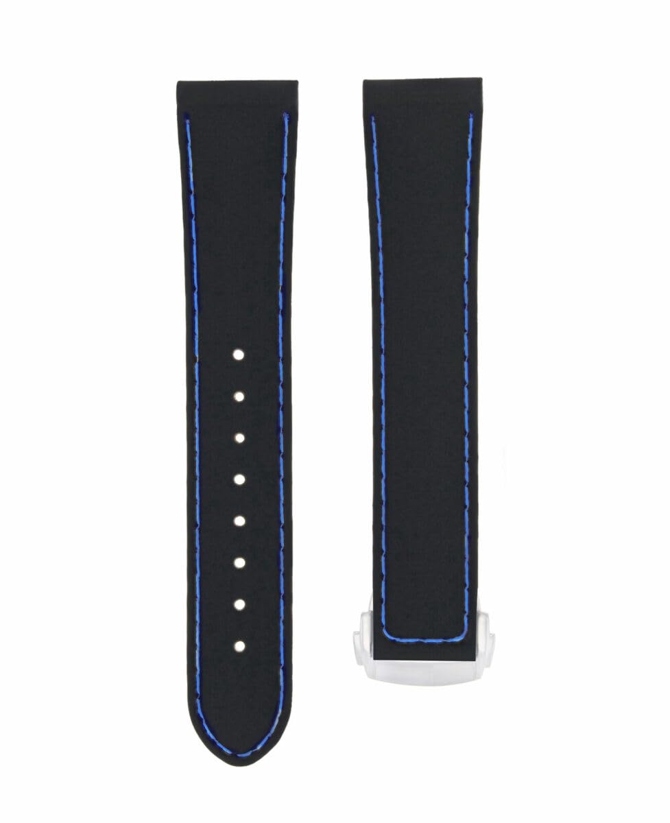 20mm Rubber Watch Band Strap Compatible with Omega Seamaster - Black with Blue Stitching - Durable Replacement Watch Strap for Diving, Swimming & Everyday Wear