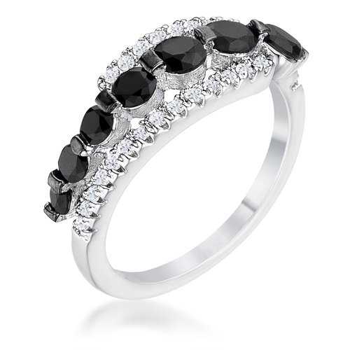 1.06Ct Rhodium & Hematite Plated Graduated Black & Clear Cubic Zirconia Half Eternity Ring for Women - Elegant Wedding Band, Anniversary Gift, Evening Party Jewelry
