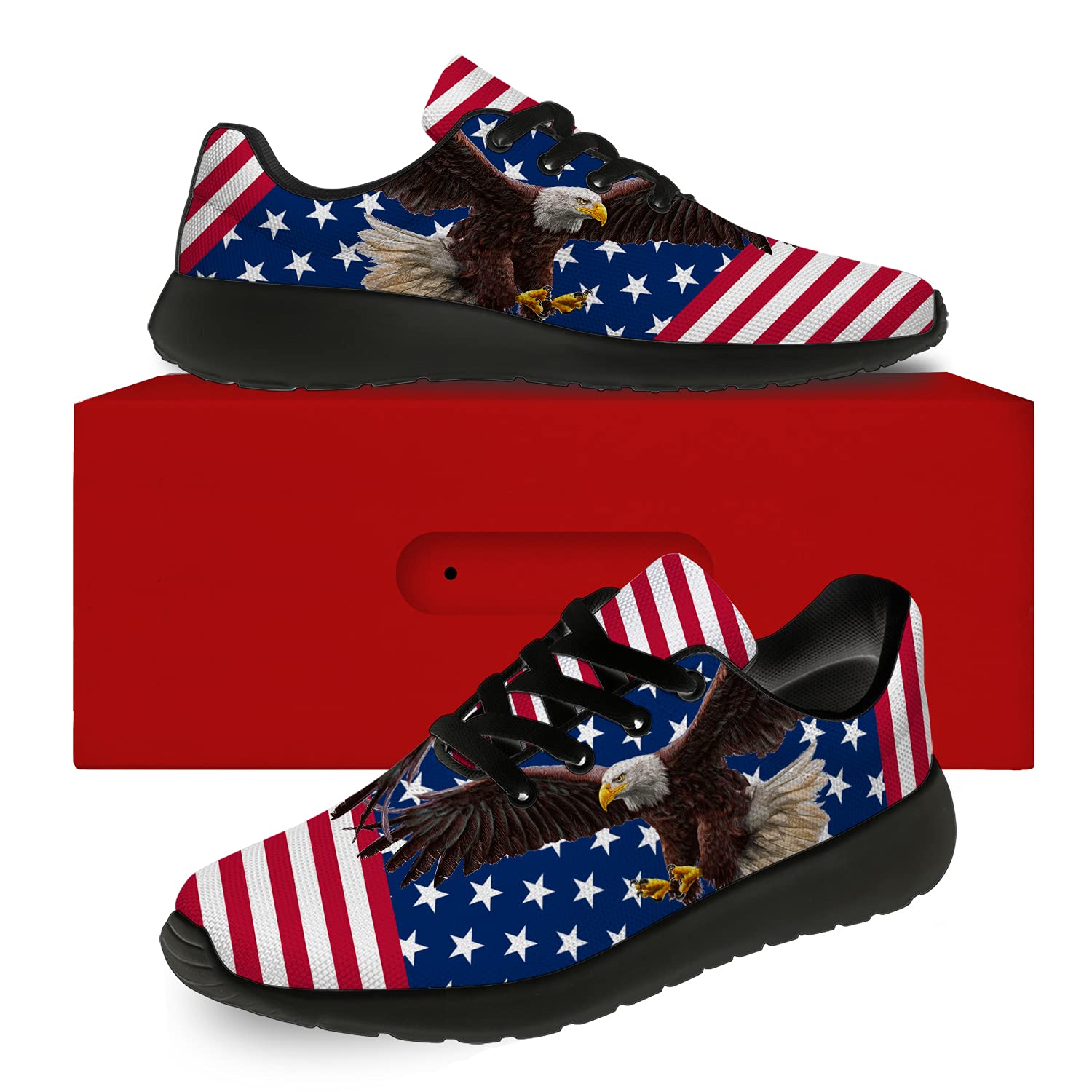 Patriotic American Flag Running Shoes for Men & Women - USA Bold Eagle Tennis Sneakers - Comfortable Walking Shoes - Gifts for Him & Her - Size 10 Men / 11.5 Women (Black, Brown, Blue, Red) - Perfect for 4th of July, Veterans Day & Patriotic Events