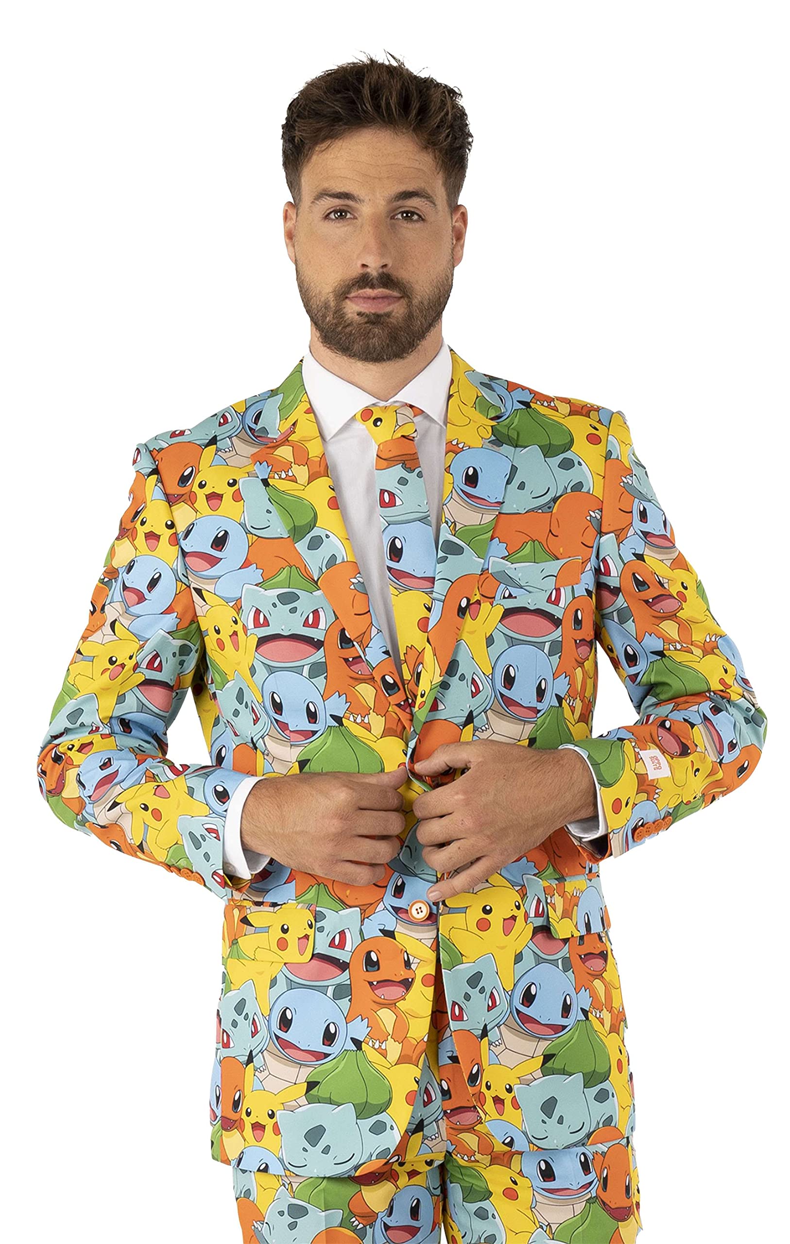 **Opposuits Men's Slim Fit Pokémon™ Nintendo Switch Game Costume - Multicolor Blazer, Pants & Tie - Perfect for Cosplay, Halloween & Gaming Events**