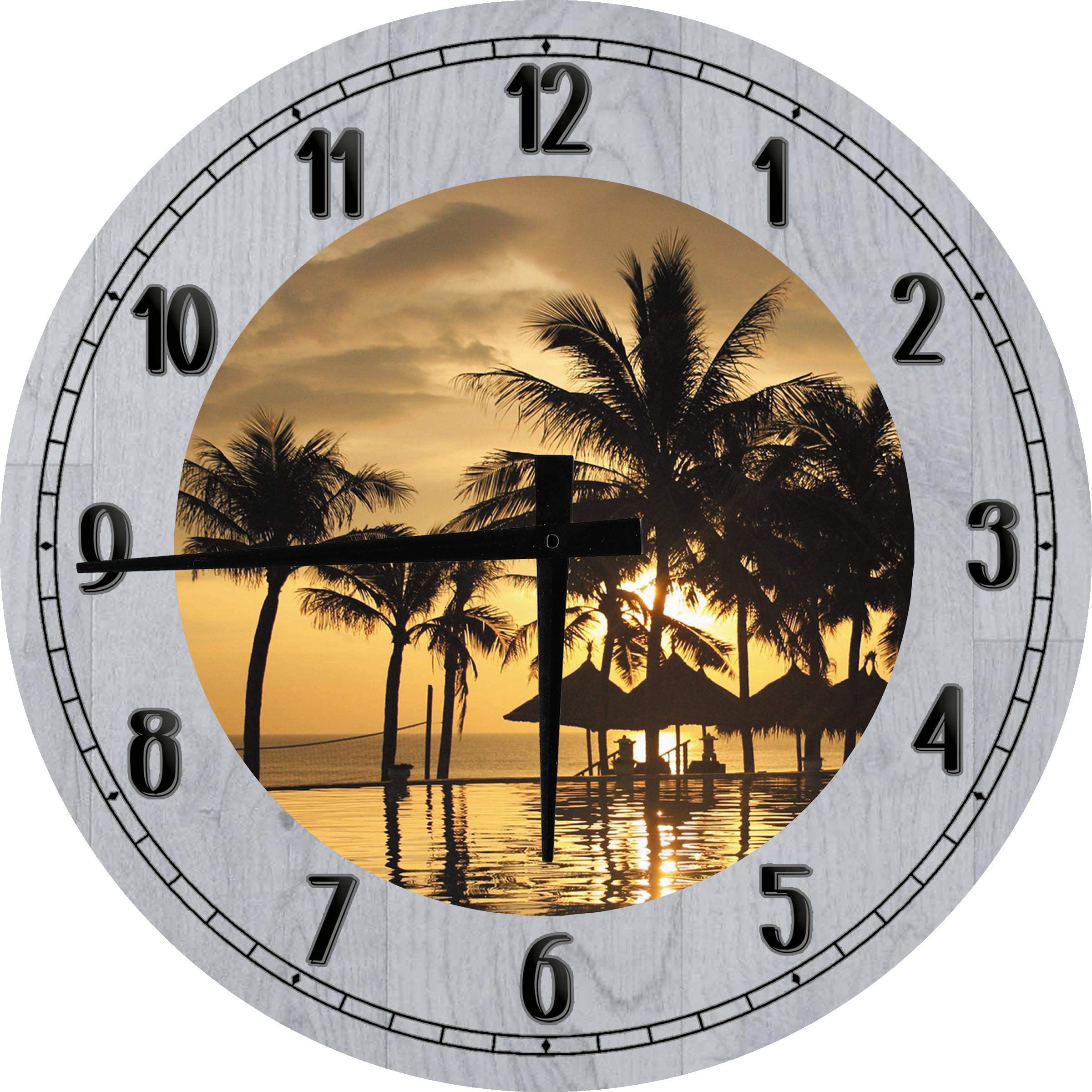 24 Inch Tropical Sunset Wall Clock with Palm Trees, Tiki Huts, Sandy Beach & Infinity Pool Design - Battery Operated Gray Decor for Living Room, Bedroom, or Office