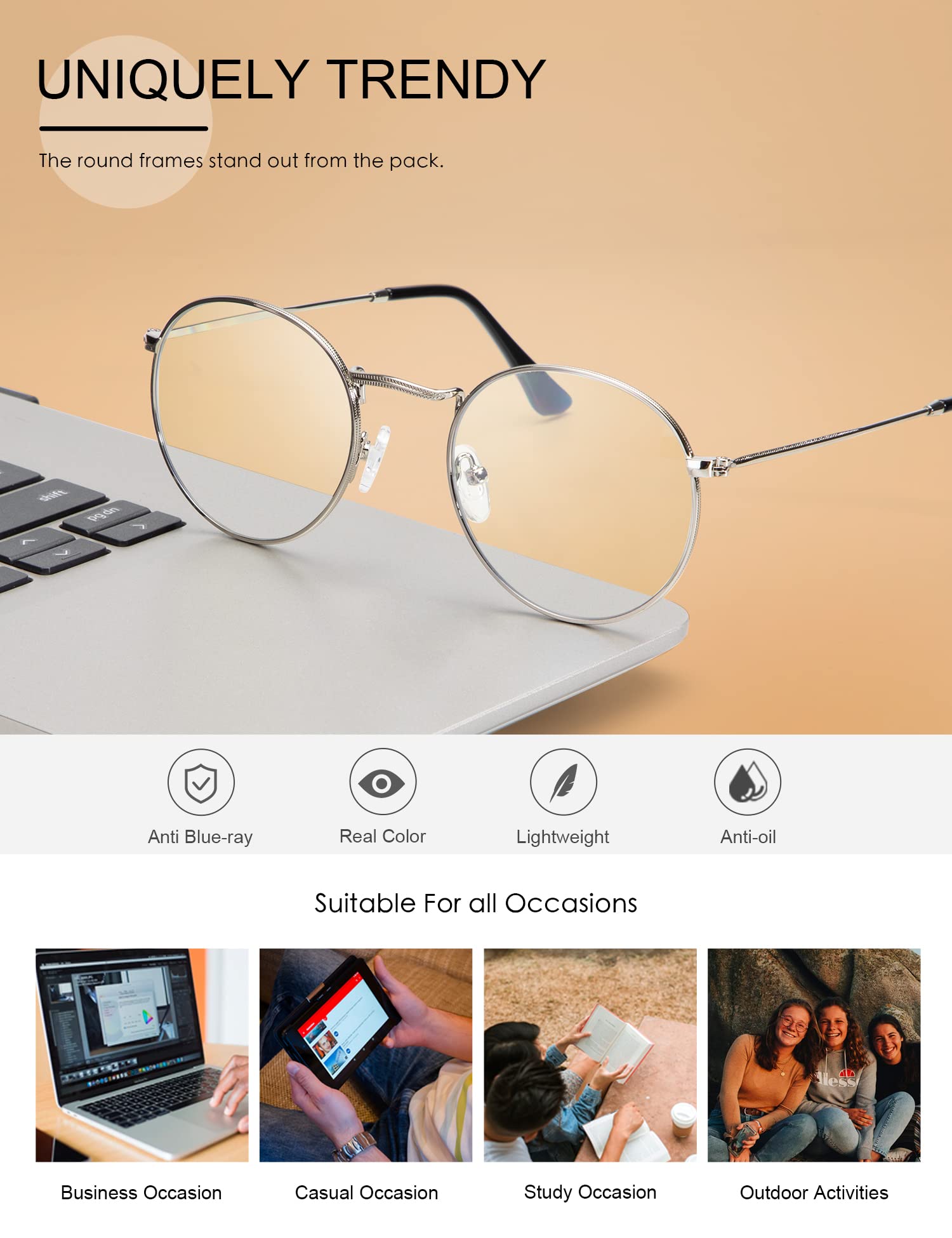 Blue Light Blocking Glasses for Men & Women - Anti Eyestrain UV Protection, Fashion Round Clear Lens Computer Glasses for Office Work & Gaming - Reduce Digital Eye Fatigue