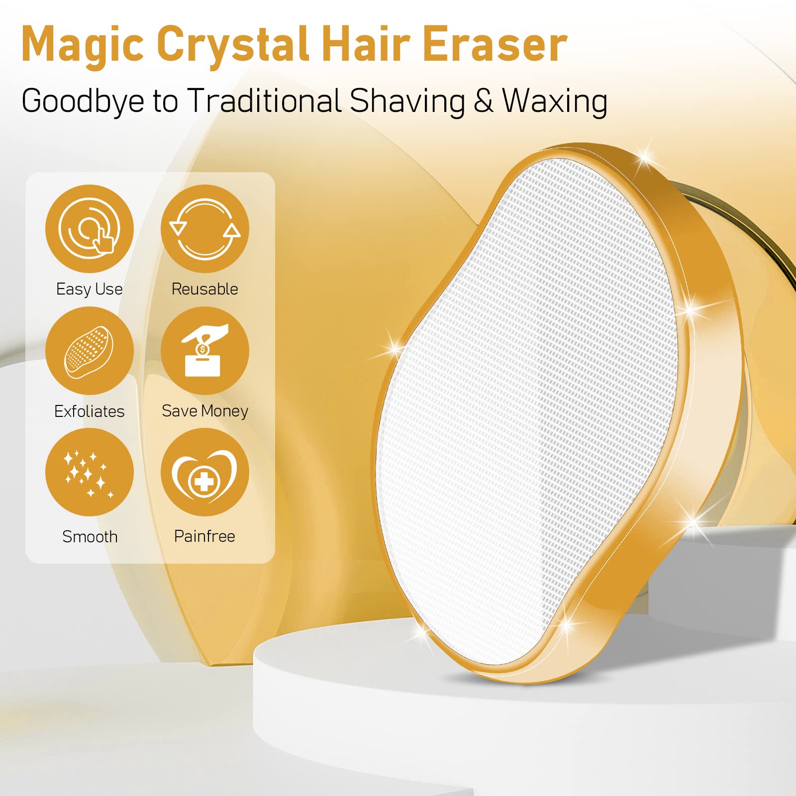 **Reusable Crystal Hair Eraser for Women & Men – Painless Exfoliation & Hair Removal Tool for Back, Arms, Legs (Gold) | Smooth Skin at Home, Spa & Travel**
