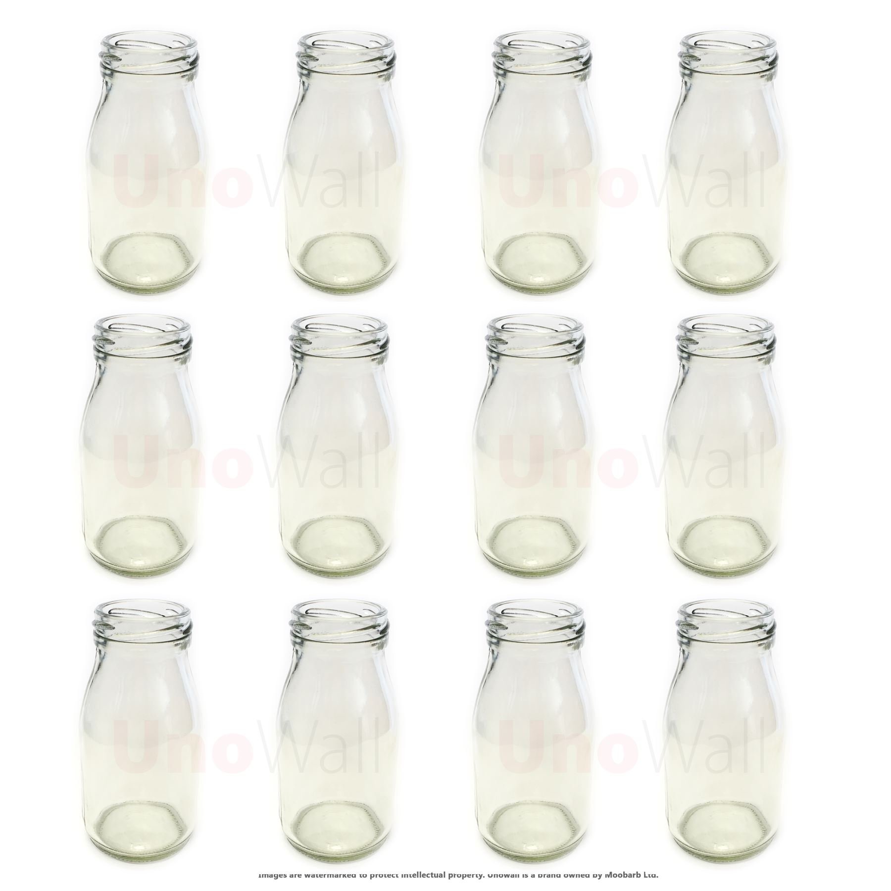 Unowall Set of 12 Classic Mini Glass Milk Bottles (200ml) - Retro Design Milk Bottles for Wedding Decor, Party Favors, BBQ Drinks & Home Decor - Perfect for Beverages, DIY Crafts & Vintage Style Kitchen