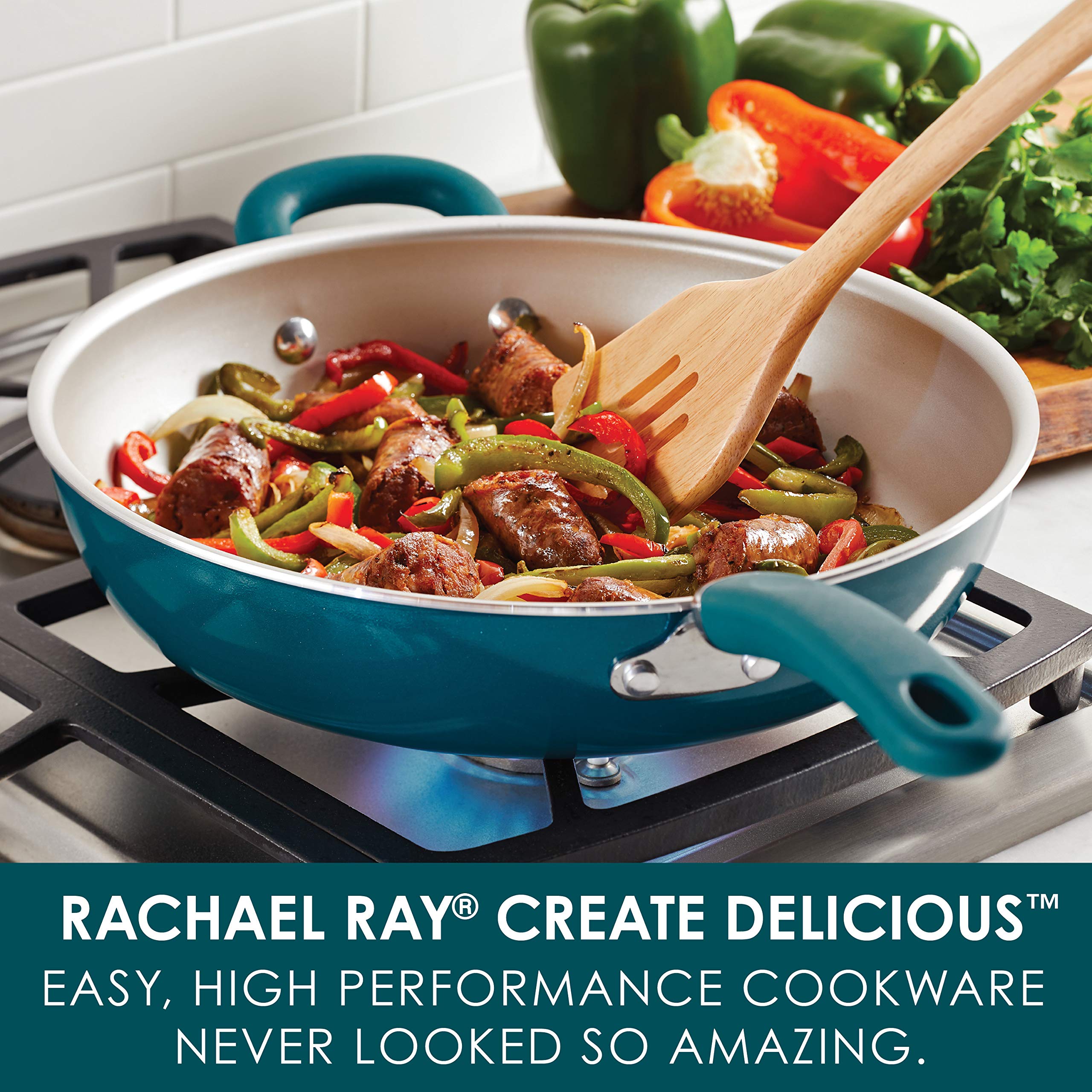 Rachael Ray 14.5-Inch Nonstick Frying Pan with Helper Handle - Teal Shimmer Skillet for Sauteing, Frying & Baking - Perfect for Stovetop & Oven Use