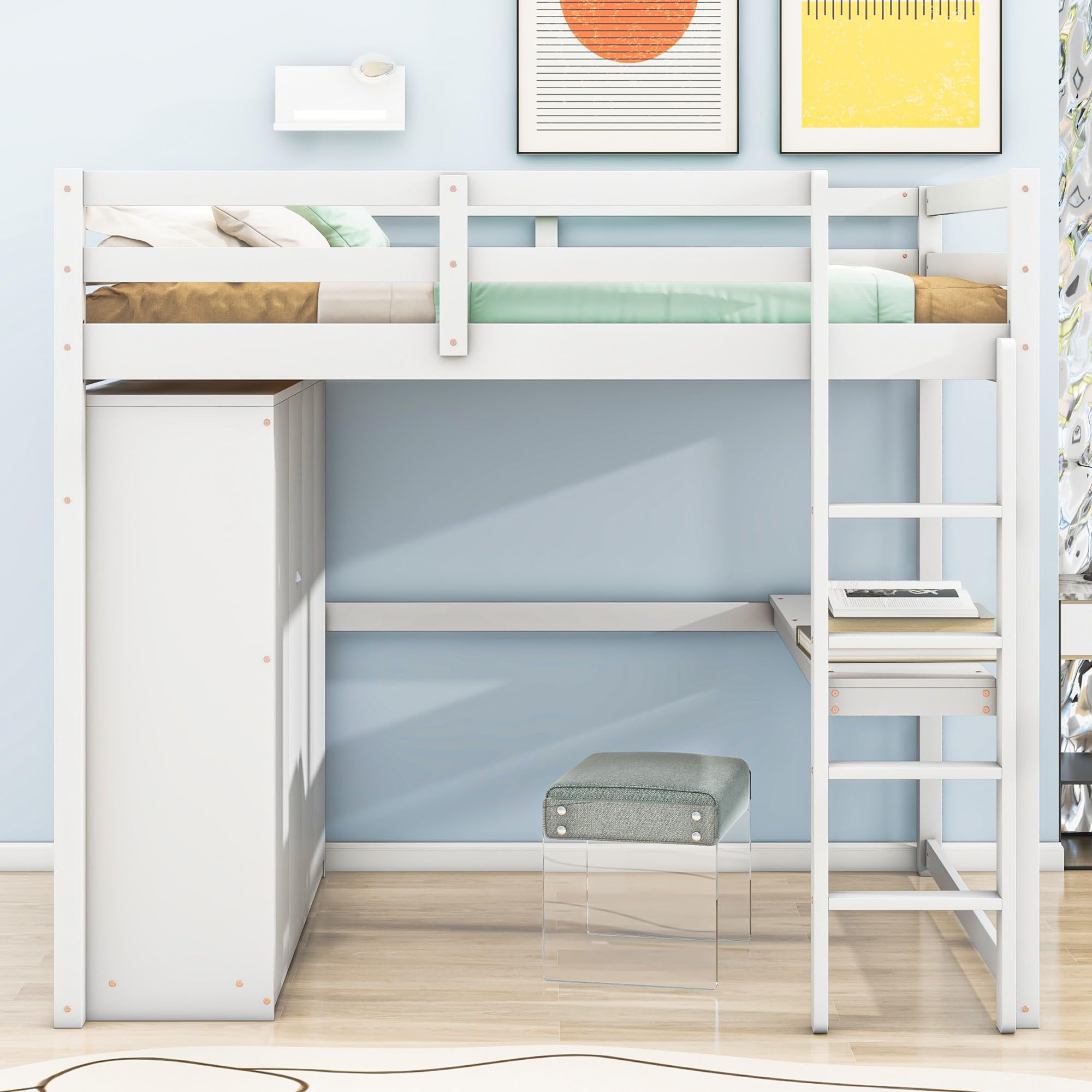 Full Size Wooden Loft Bed with Desk, Built-in Wardrobe & Storage Drawers - Space Saving Kids/Teens Bedroom Furniture with Shelves (White) - Perfect for Small Rooms, Dormitories & Studio Apartments