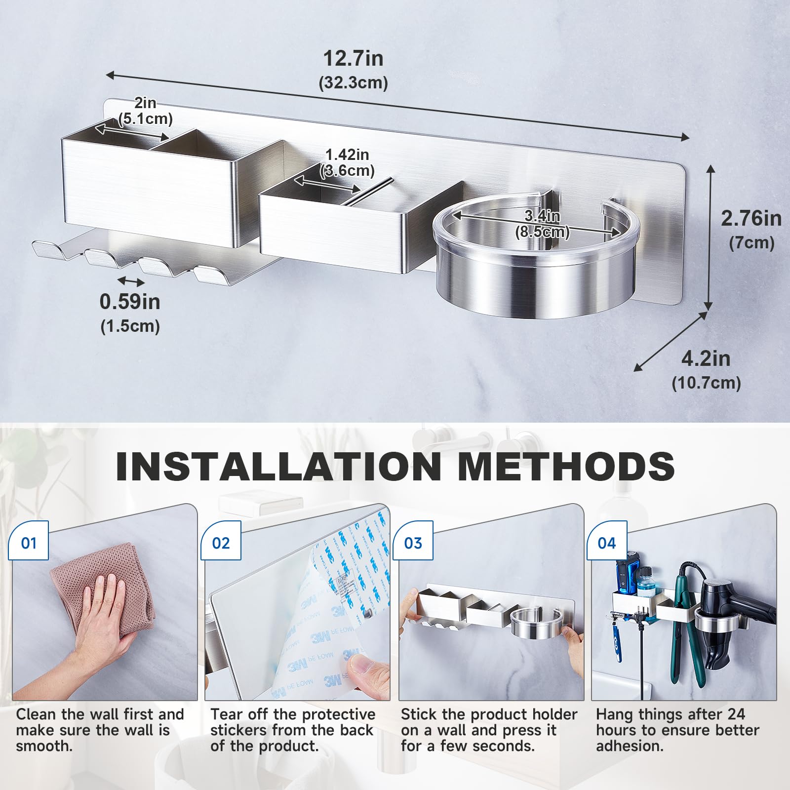 Wall Mounted Hair Straightener & Blow Dryer Holder - Stainless Steel Hair Tool Organizer with Adhesive & Plug Hook - Perfect for Bathroom, Salon & Home Hair Styling Storage