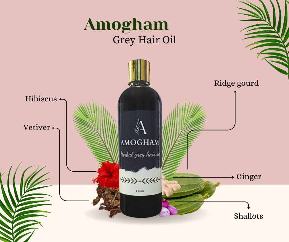 Amogham Grey Hair Oil - Natural Darkening Oil for Grey Hair | Strengthens Hair Follicles, Reduces Breakage & Dandruff | 26+ Ayurvedic Herbs Formula | 200ml Bottle for Men & Women | Perfect for Daily Hair Care & Premature Greying Treatment