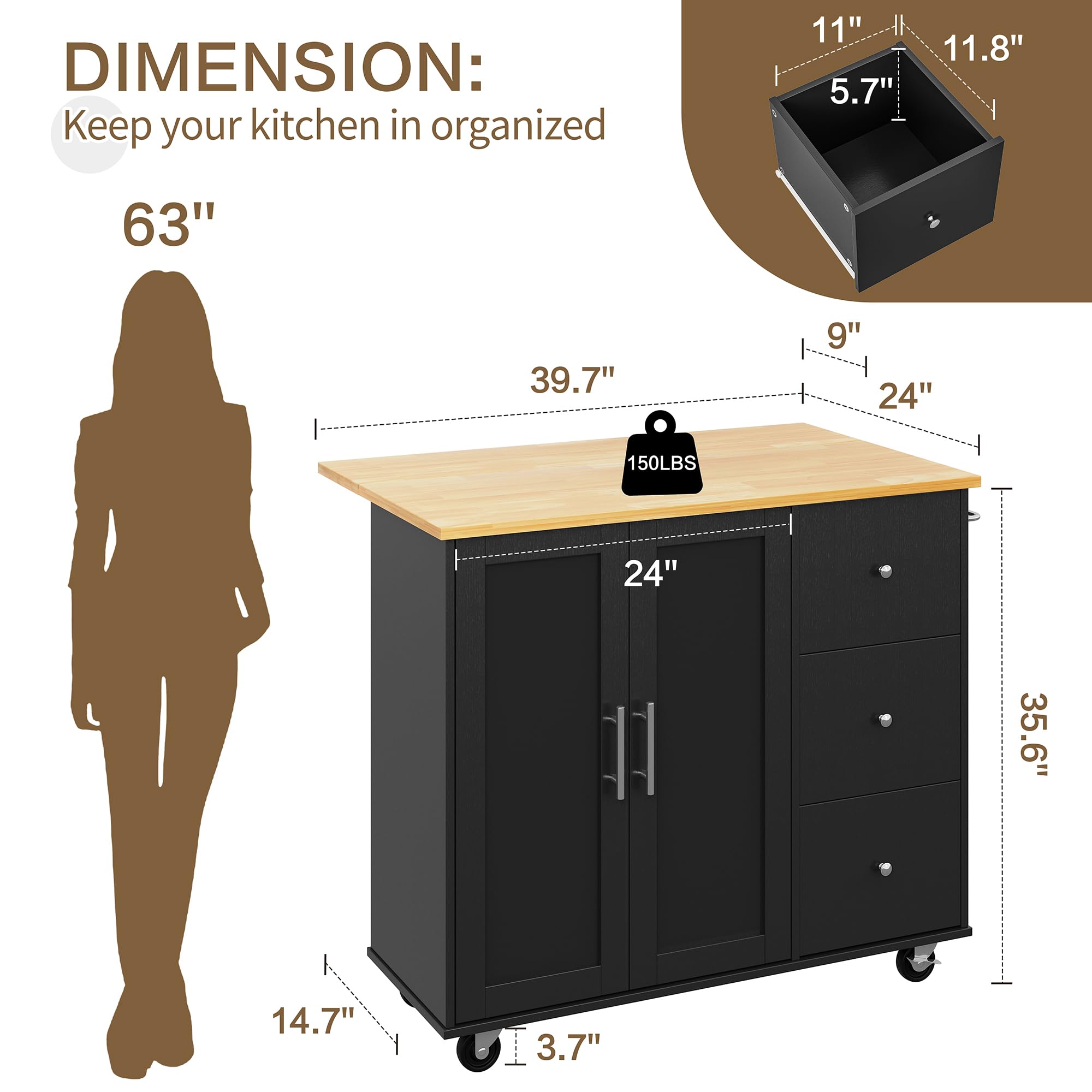 SUNLEI 39.7-Inch Rolling Kitchen Island with Storage Cabinet, Foldable Drop Leaf & Towel Rack Handle - Portable Mobile Kitchen Cart for Small Spaces, Dining Extension, Food Prep & Extra Counter Space (Classic Black)