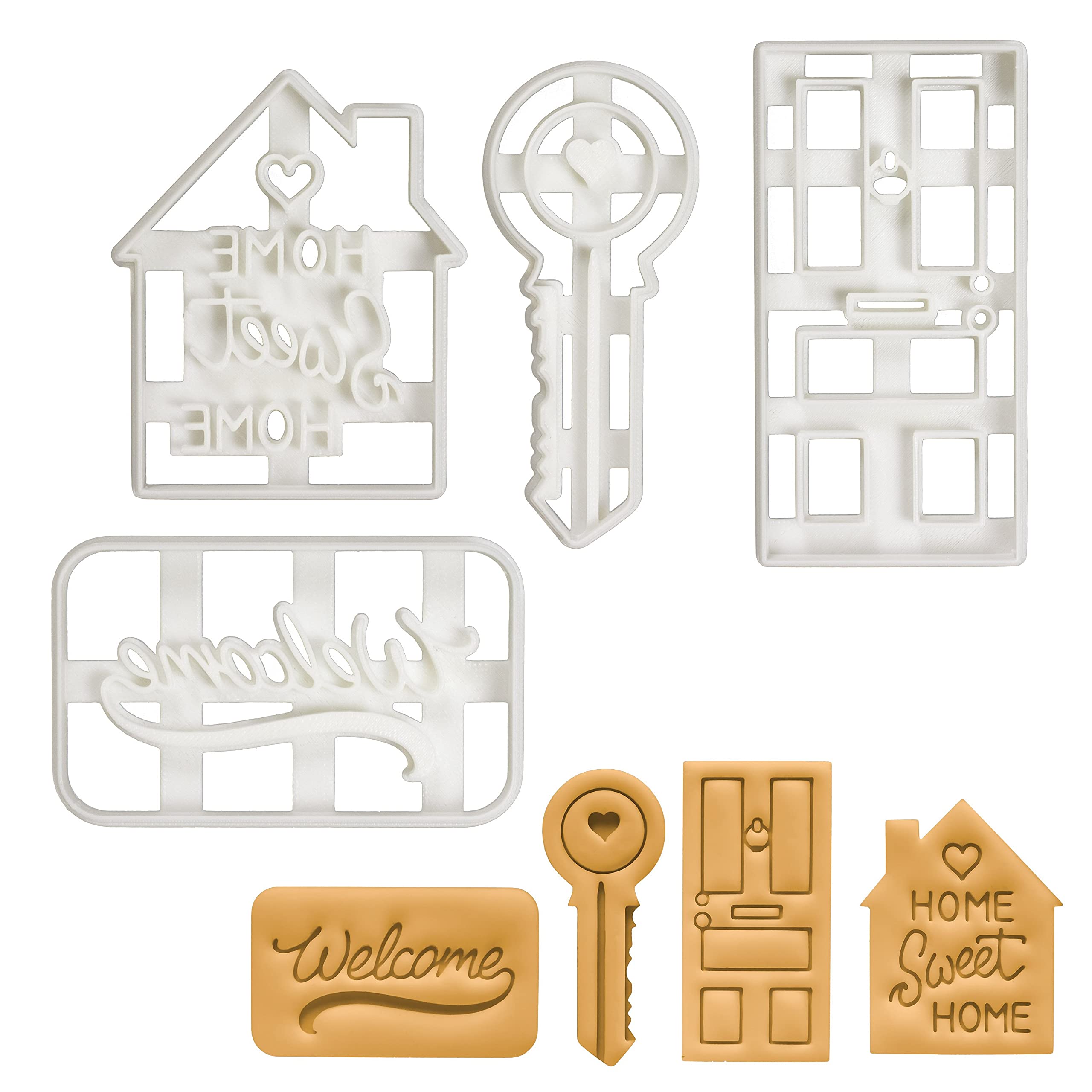 Set of 4 Stainless Steel Housewarming Cookie Cutters - Home Sweet Home, House Door, Key & Welcome Mat Shapes - Perfect for New Home Gifts, Baking Decorations & DIY Cookie Making