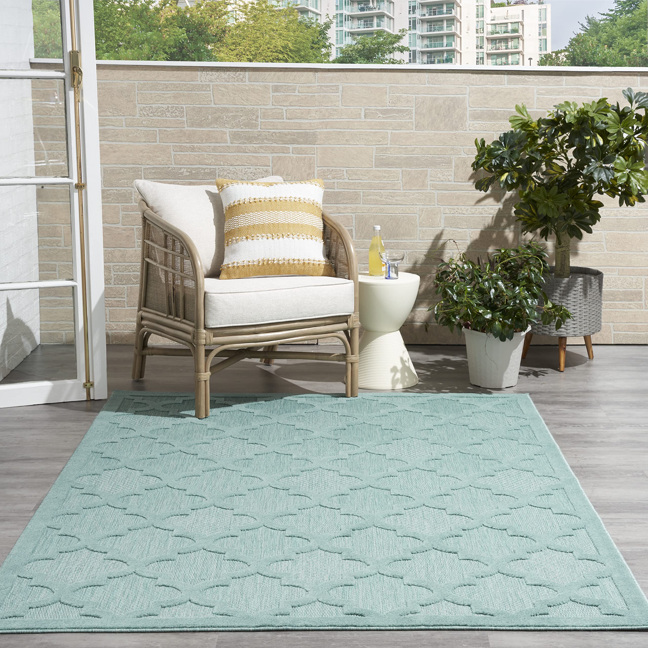 Nourison Easy Care Moroccan Aqua/Teal 6' x 9' Area Rug - Trellis Pattern, Stain Resistant & Non-Shedding for Easy Cleaning | Perfect for Living Room, Bedroom, Dining Room, Backyard, Deck & Patio Decor (6x9)