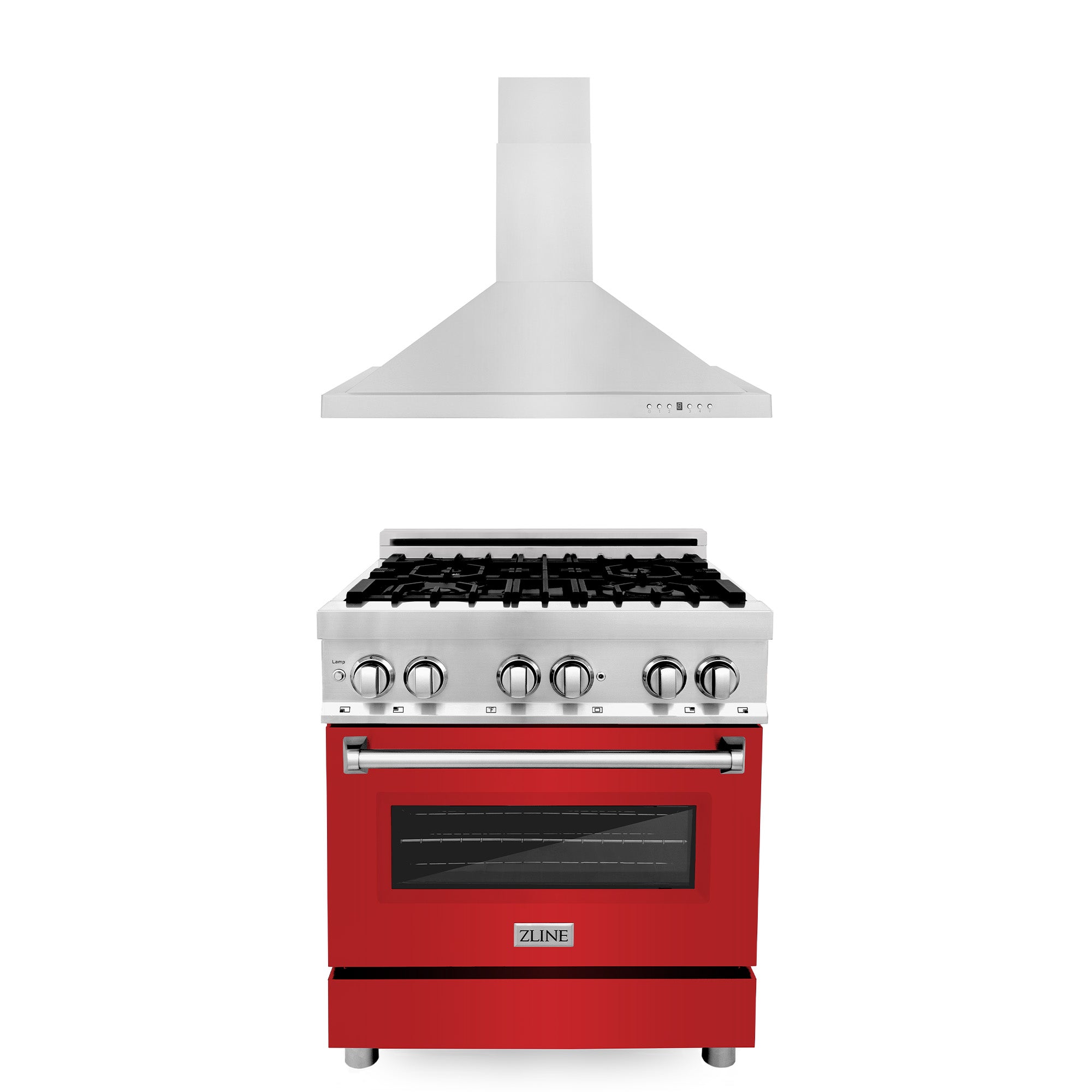 ZLINE 30-Inch Stainless Steel Dual Fuel Range with Red Matte Door & Convertible Range Hood - Professional Kitchen Package for Home Chefs | Perfect for Modern Kitchens, Open Concept Homes & Gourmet Cooking