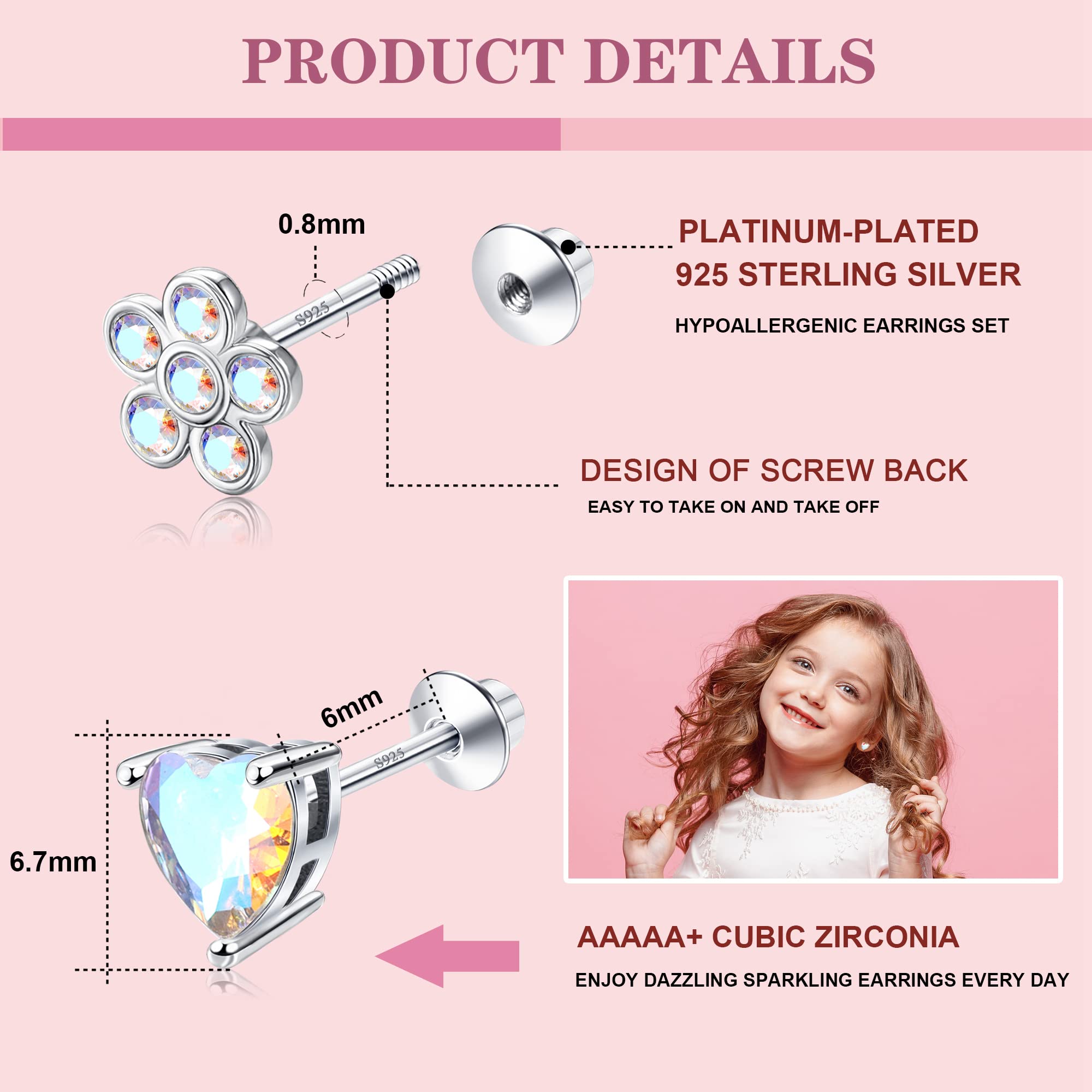 MUSECLOUD 925 Sterling Silver Screw Back Earrings for Women - White Gold Plated Cubic Zirconia Stud Earrings, Trendy Flower Butterfly Halo Heart Jewelry Gift for Birthday, Anniversary & Everyday Wear