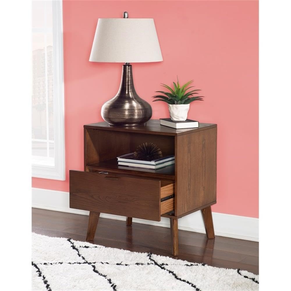 Linon Moore Nightstand with Open Storage & One Drawer - Brown Wood Finish, Tapered Legs - Perfect for Bedrooms, Guest Rooms & Small Spaces