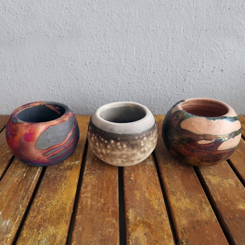 RAAQUU Tsuchi 3-Piece Mixed Finish Raku Ceramic Planter Set - Handmade Pottery for Indoor Plants, Cactus & Succulents - 10cm Unique Home Decor Gift for Housewarming, Wedding & Office Decor
