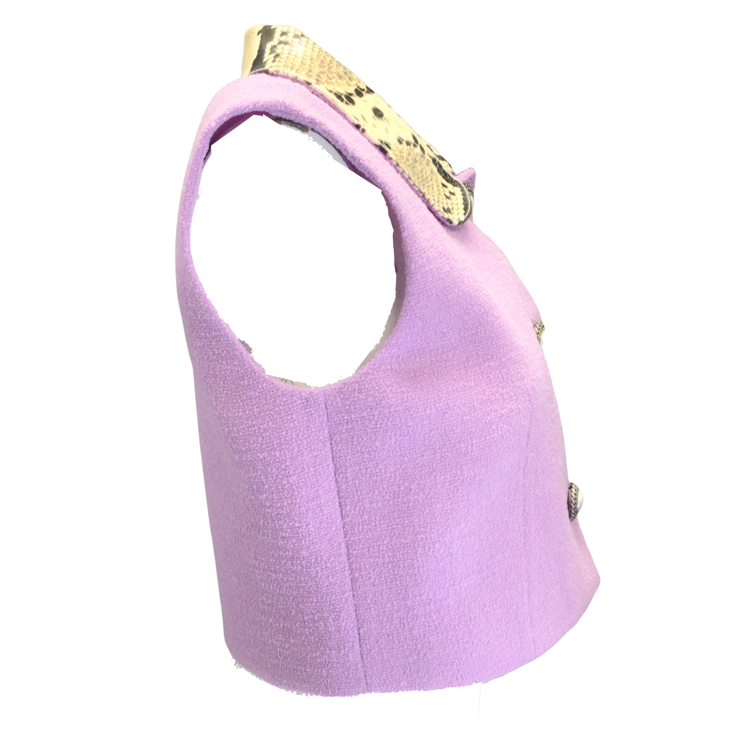 Alessandra Rich Lilac Python Print Leather Collar Tweed Boucle Knit Gilet Vest for Women | Fashionable Layering Piece for Fall & Winter Outfits | Perfect for Office, Parties & Special Occasions