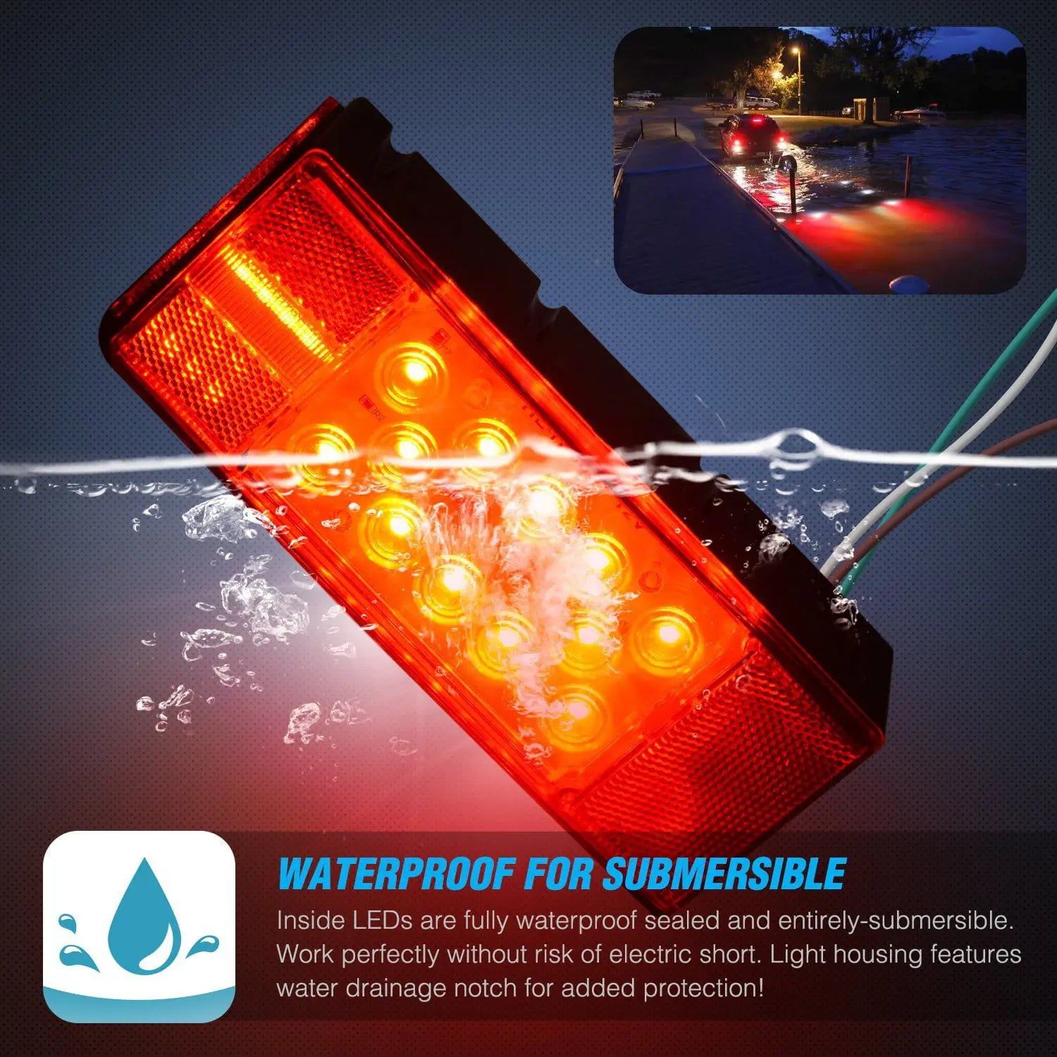 Waterproof Low Profile Rectangular LED Trailer Lights Kit - Submersible Brake/Turn/Tail Lights for Boat Trailers, Utility Trailers & RVs - Durable DOT Approved Lighting for Safe Night Towing