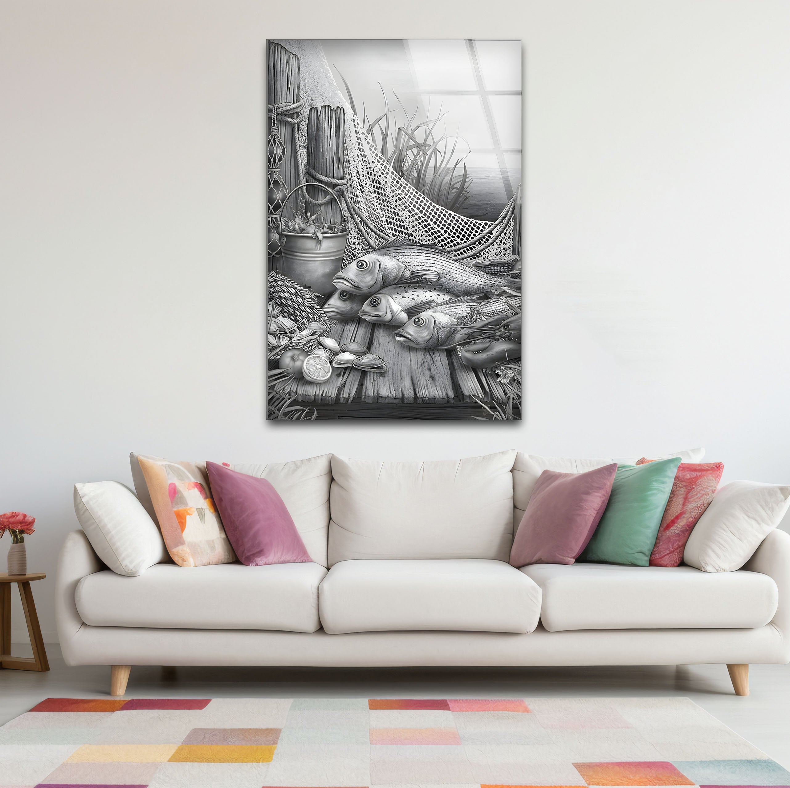 Black and White Fish Art Glass Wall Decor - Elegant Ocean-Themed Mural for Living Room, Bedroom & Office