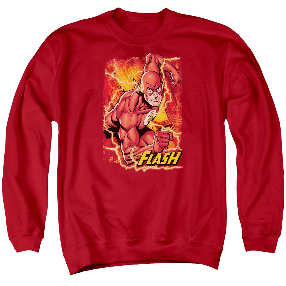 Trevco JLA Flash Lightning Adult Crew Sweatshirt - Red | DC Comics Superhero Graphic Tee for Men | Casual Wear & Superhero Fan Gifts