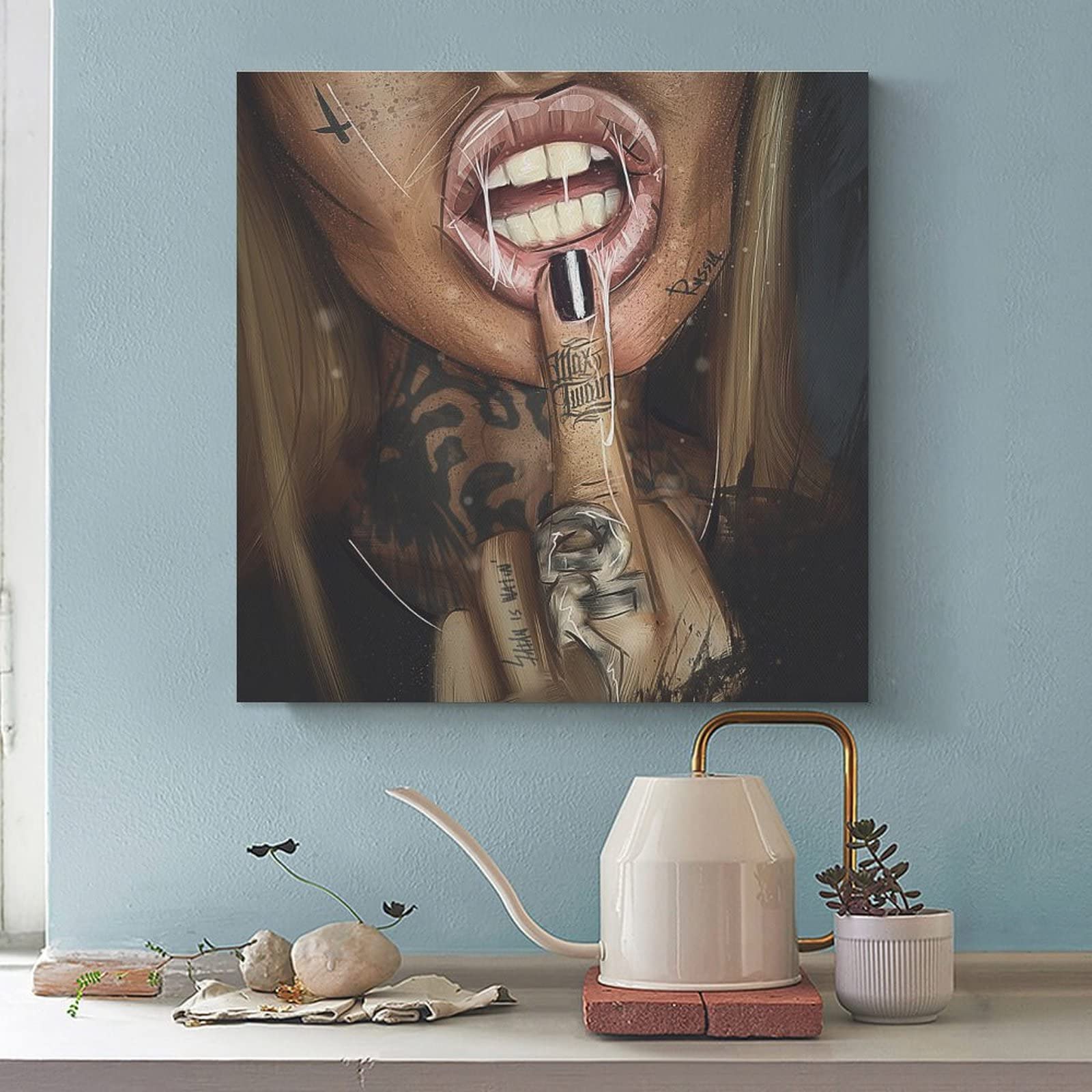Rucatto Sexy Lips Girl Tattoo Art - Cool Canvas Wall Decor Poster (16x16 inch/40x40cm) - Perfect for Living Room & Bedroom Aesthetic Painting