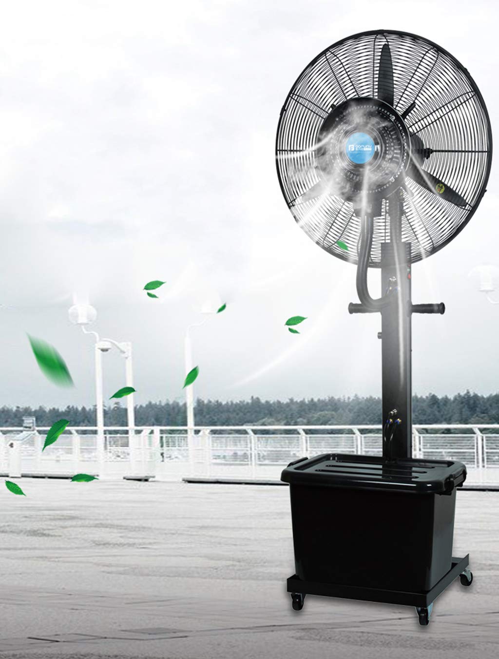 Outdoor Misting Fan - Quiet Pedestal Stand Fan for Bedroom & Commercial Use | Black Floor Cooling Fan for Patio, Poolside & Indoor Spaces