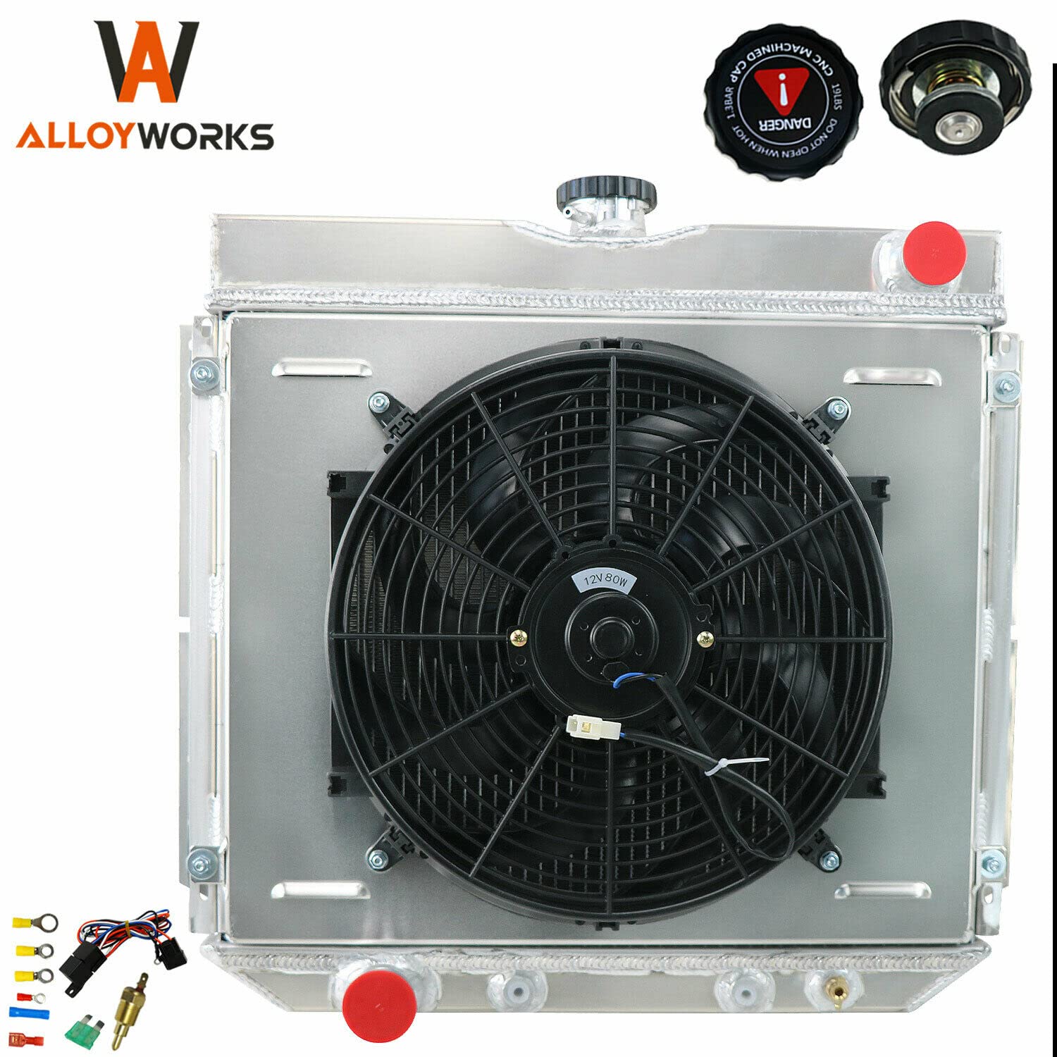 ALLOYWORKS 3 Row All Aluminum Radiator with Shroud Fan & Relay Kit - Compatible with 1969-1970 Ford Mustang, 1967-1977 Maverick (L6/V8 AT) - High Performance Cooling for Classic Car Restoration & Hot Rod Builds