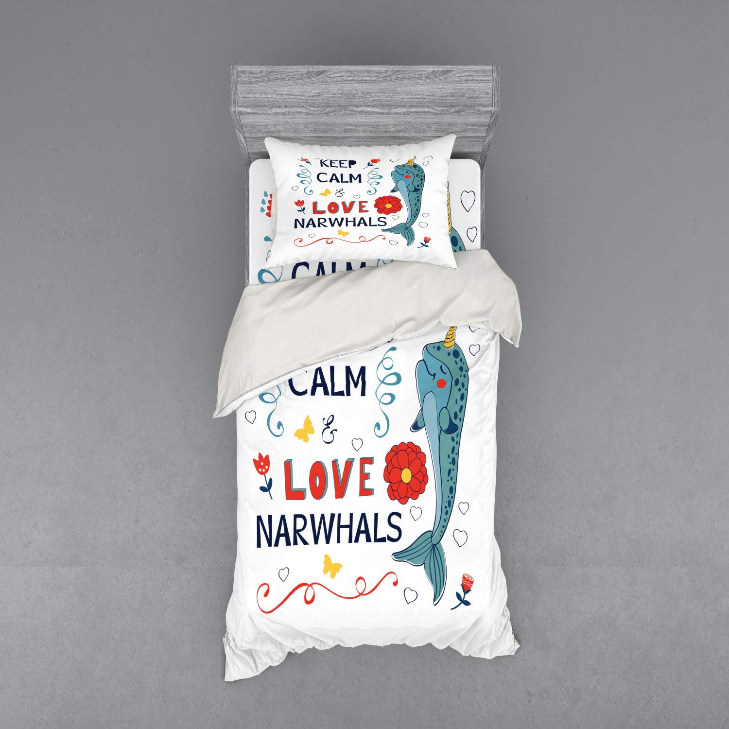 Ambesonne Narwhal Duvet Cover Set - Colorful Ocean Unicorn Design 3-Piece Bedding Set with Pillow Sham & Fitted Sheet, Twin Size, Multicolor | Fun Kids Room Decor, Unique Gift for Marine Life Lovers, Soft & Stylish Bedroom Upgrade