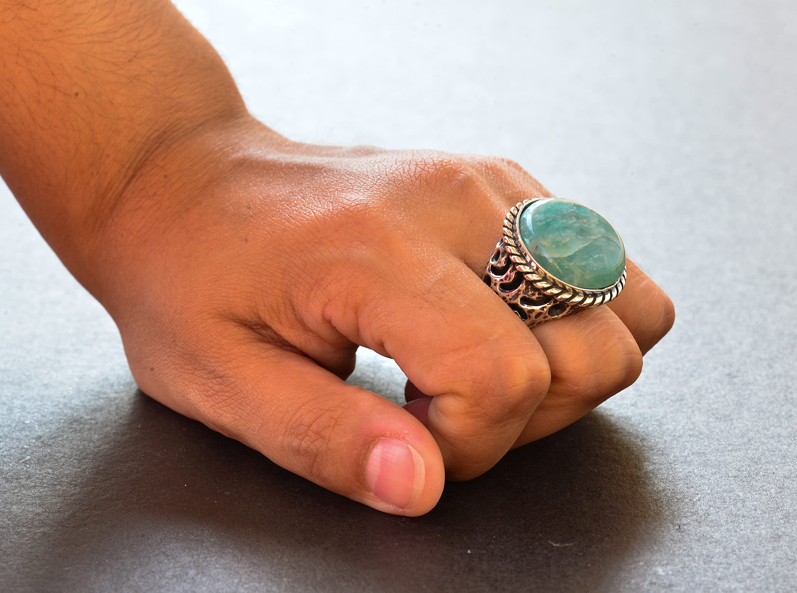 Natural Amazonite Round Gemstone Ring for Men - Sterling Silver Adjustable Band - Healing Crystal Jewelry for Meditation, Yoga & Spiritual Gifts
