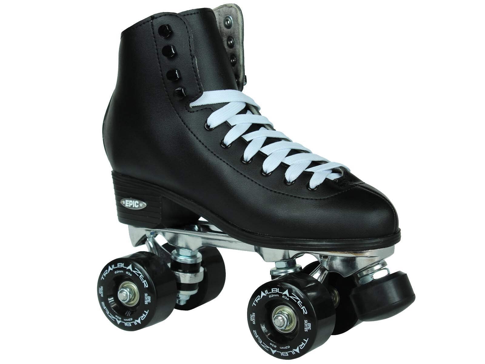 Epic Classic Solid Black High-Top Quad Roller Skates for Men - Size 6 with Carrying Bag, Laces & Pom Poms | Perfect for Roller Derby, Rink Skating & Retro Fashion Outfits