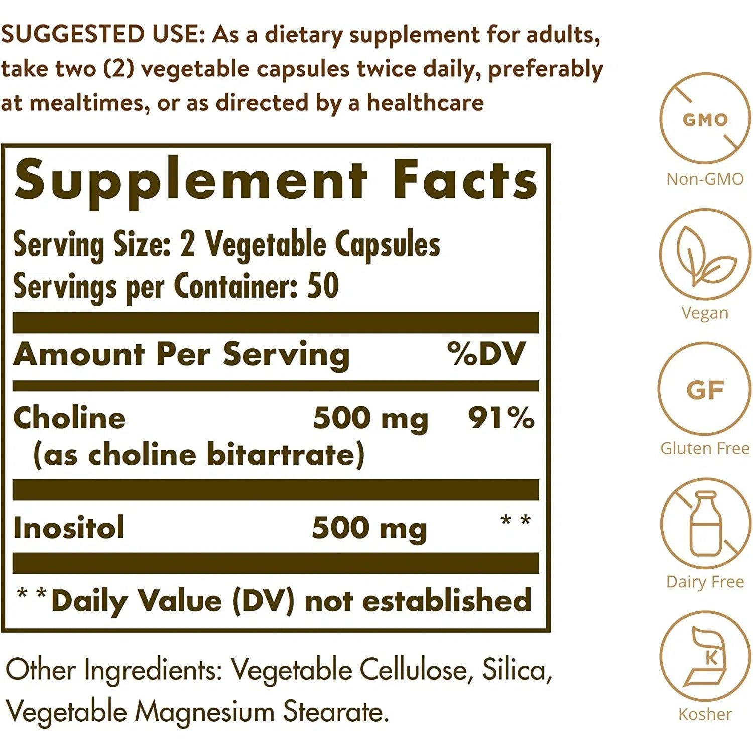 Solgar Choline & Inositol 500mg Supplement - Supports Brain Health, Liver Function & Metabolism - Perfect for Cognitive Support & Stress Relief