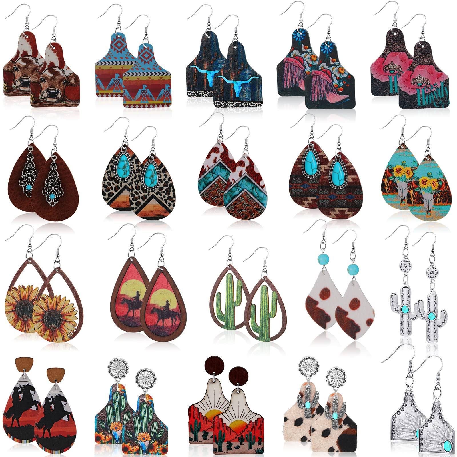 20 Pairs Western Cowgirl Earrings for Women - Boho Vintage Handmade Cow Print Leather & Turquoise Dangle Earrings Bulk - Perfect for Country Concerts, Rodeos & Bohemian Fashion