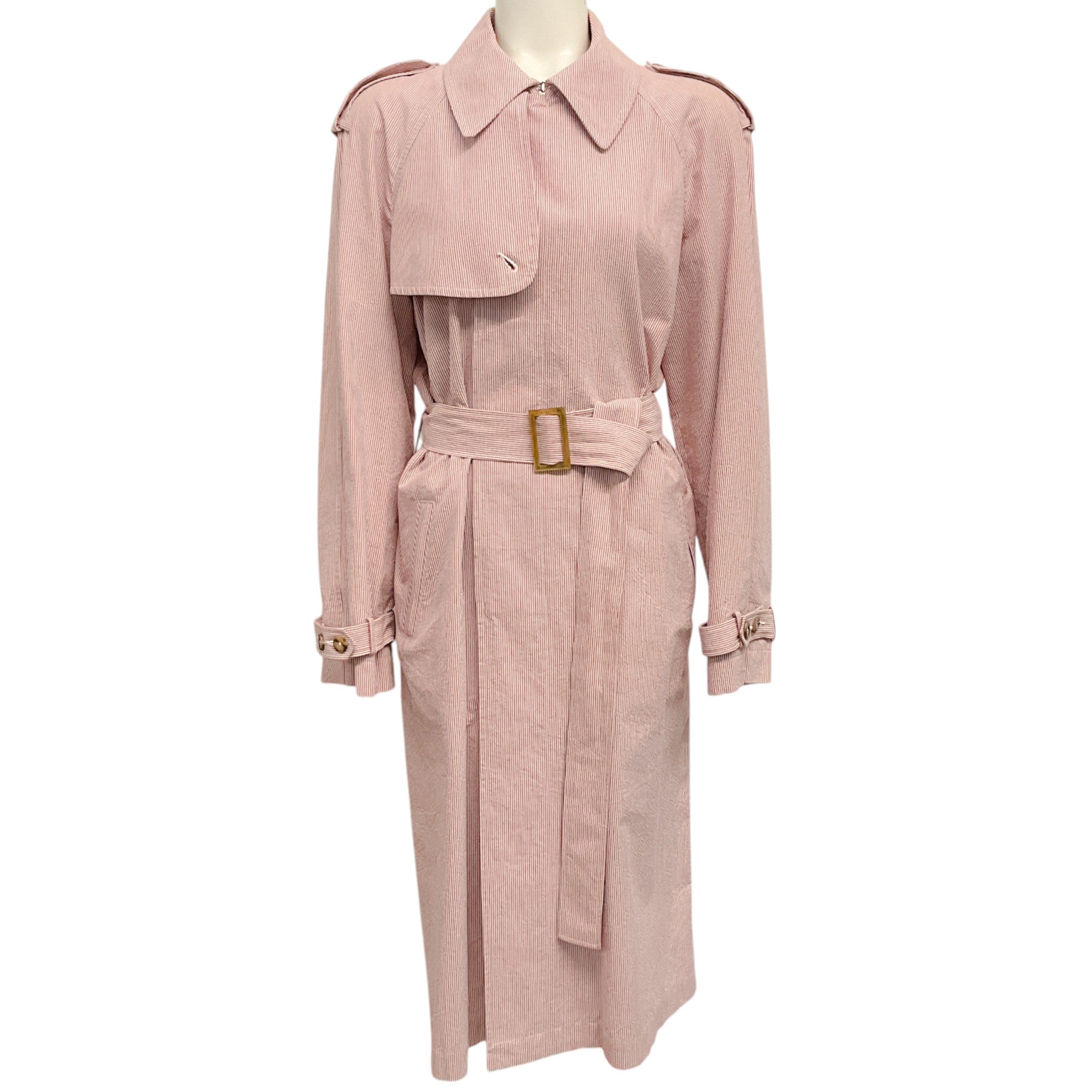 Loro Piana Red & White Seersucker Trench Coat with Belt - Stylish Waterproof Raincoat for Women, Perfect for Spring & Fall Fashion, Office Wear and Outdoor Activities