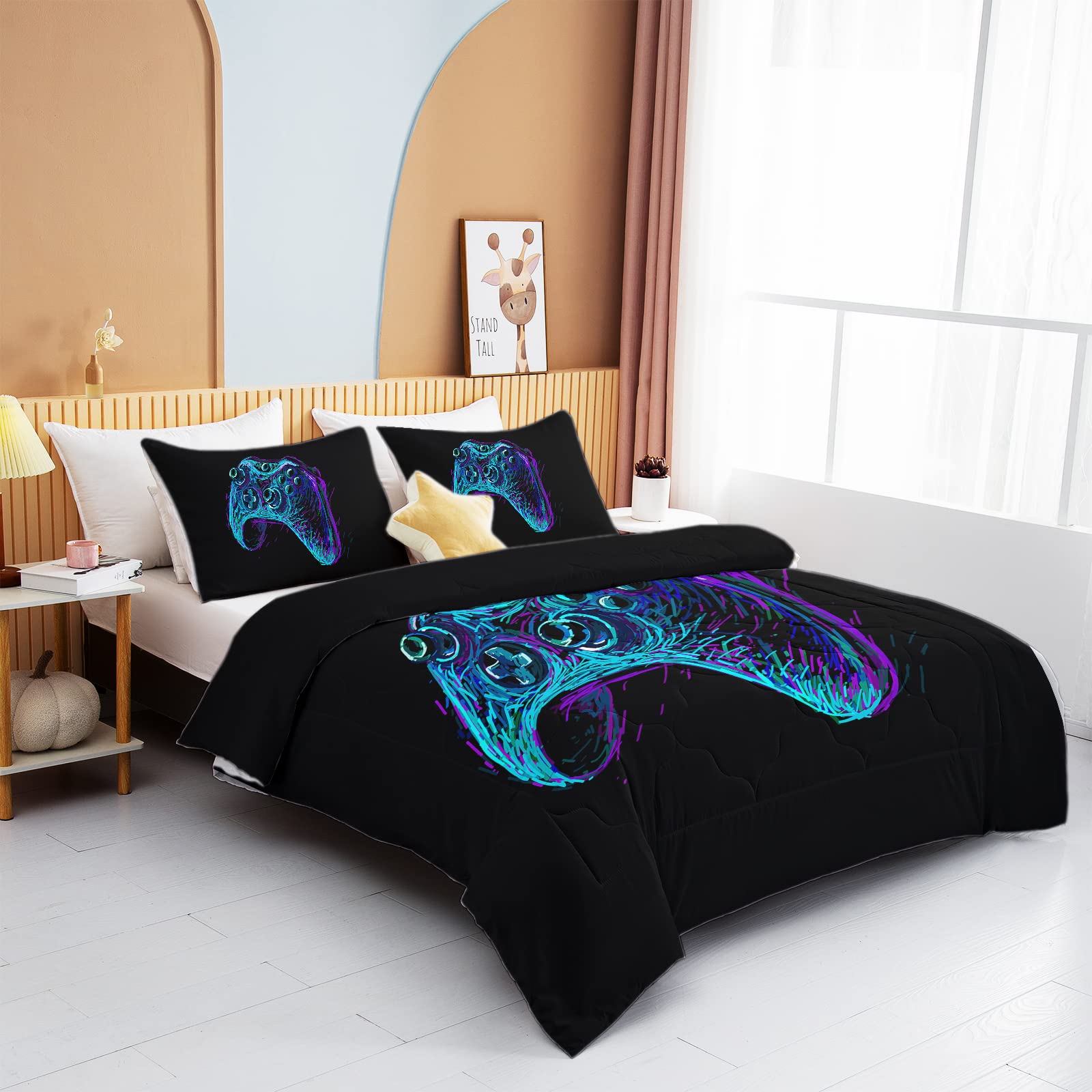 BEDMUST Black Boys Gaming Comforter Set - Twin Size Game Controller Print Bedding with 1 Comforter & 2 Pillow Shams - Soft & Comfortable for Teen Gamers - Perfect for Gaming Rooms & Sleepovers