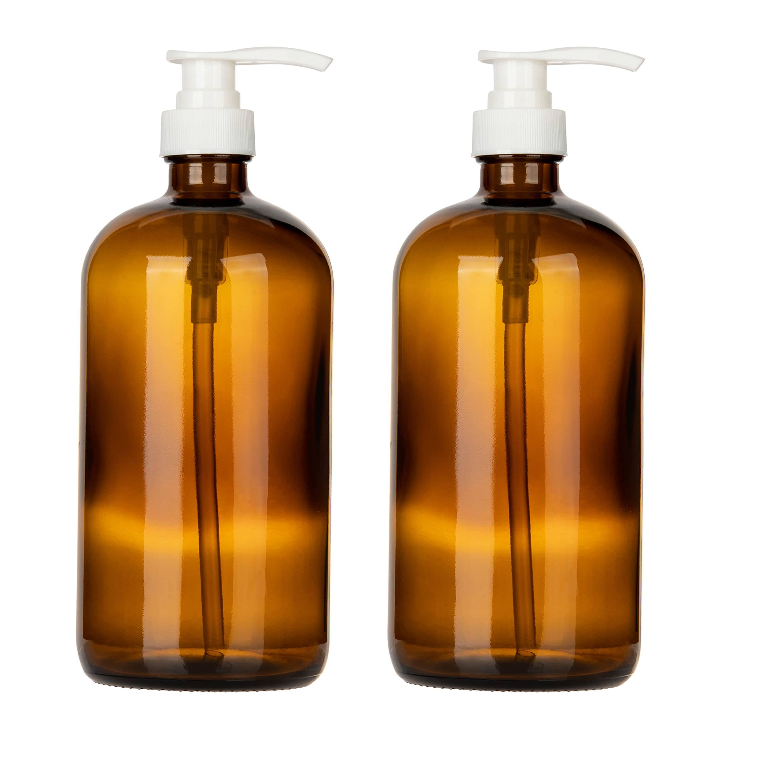 32-Oz Amber Glass Boston Round Bottles with Pumps - 2 Pack for Lotions, Soaps, Essential Oils & Sauces | Leak-Proof Dispenser for DIY Skincare, Hair Care & Kitchen Use by Kitchentoolz