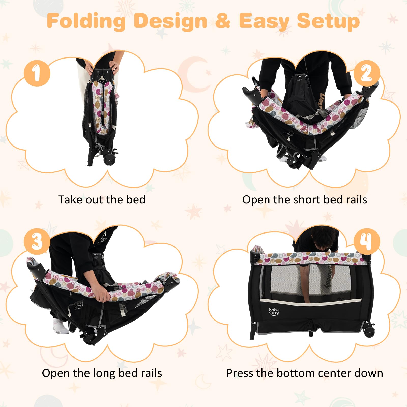BABY JOY 4-in-1 Portable Baby Playard with Bassinet, Changing Table & Canopy - Foldable Playpen with Storage Basket for Newborn to Toddlers (Circle Design) - Perfect for Nursery, Travel & Indoor/Outdoor Play
