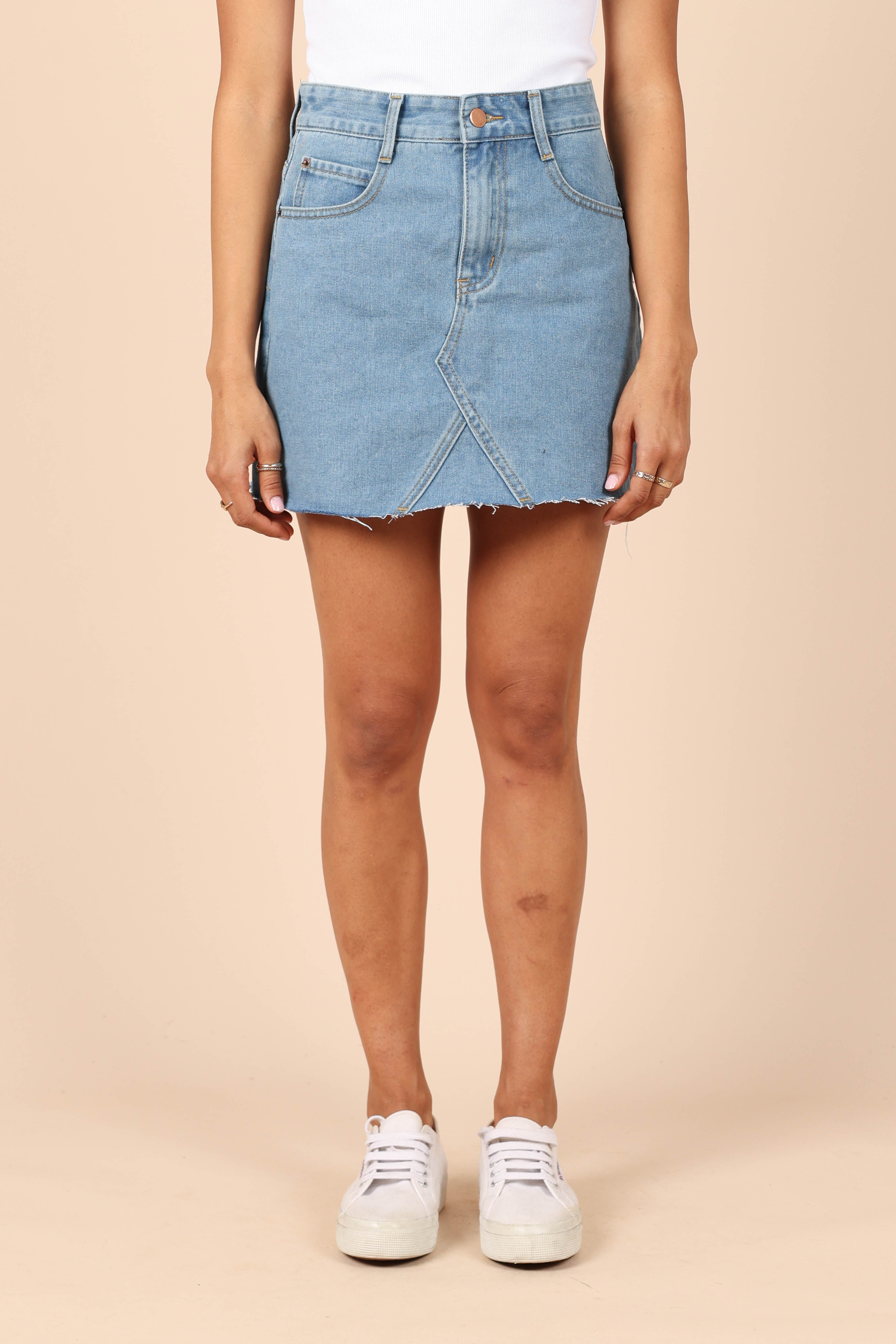 Kenny Skirt - Mid Blue Wash Denim Skirt for Women | Vintage Style High Waist A-Line Skirt | Perfect for Casual Outings, Date Nights & Office Wear