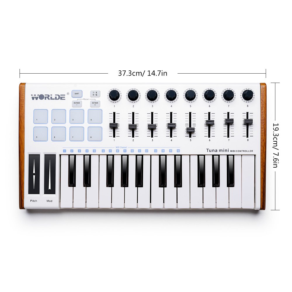 Vangoa Worlde 25-Key MIDI Keyboard Controller with Drum Pads - Portable USB Beat Maker for Music Production | 8 Knobs, 8 Faders & Pedal Interface | Perfect for Beginners & Home Studio Recording (White)