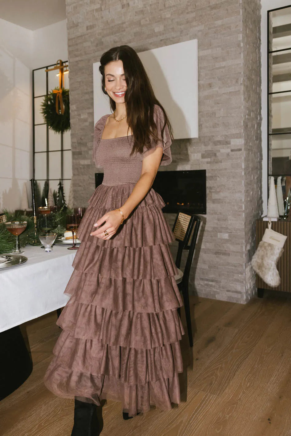 Elegant Mocha Tulle Maxi Dress for Women - Perfect for Weddings, Parties & Special Occasions - FINAL SALE