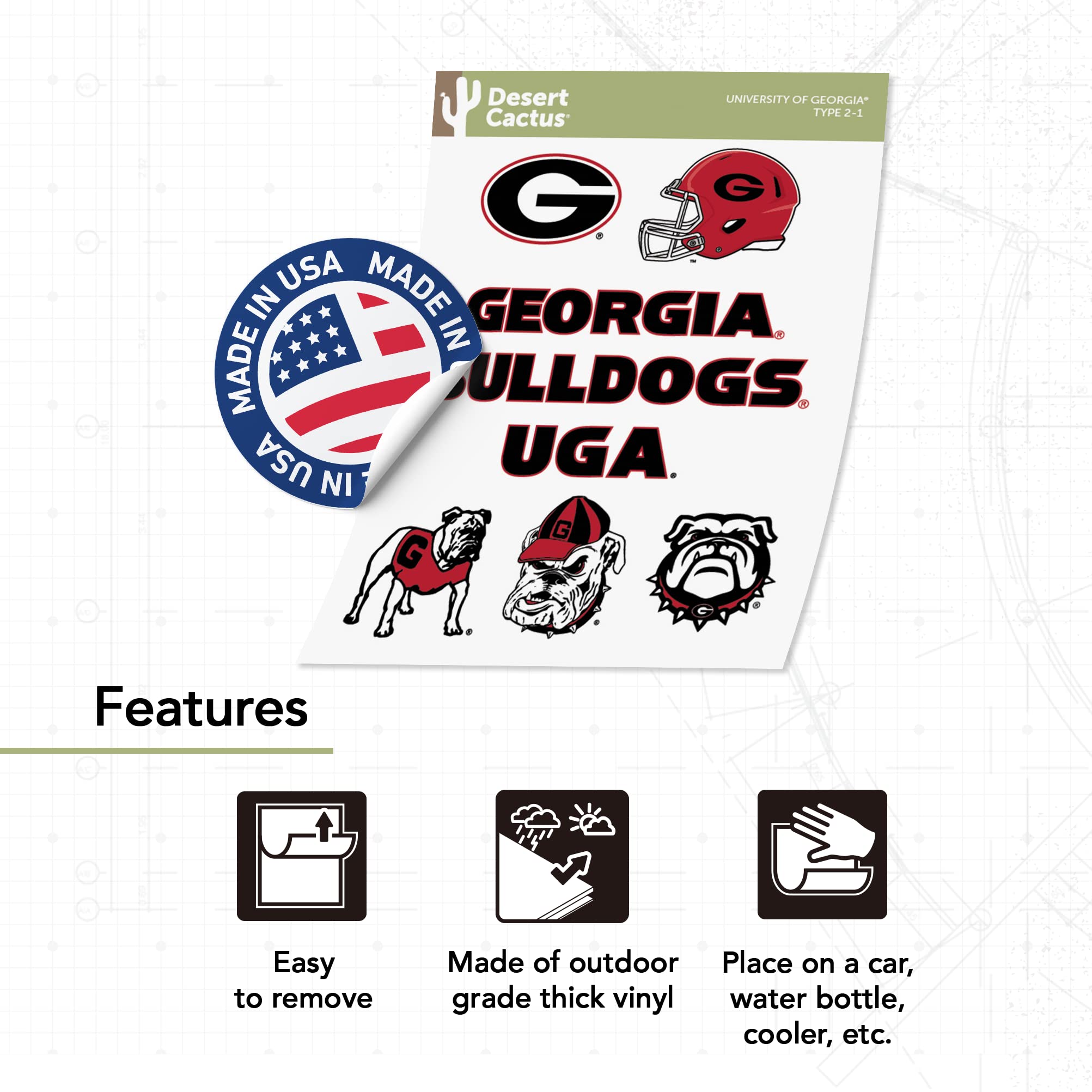 UGA Bulldogs Stickers - Vinyl Decals for Laptop, Water Bottle, Car & Scrapbook | University of Georgia Dawgs Cactus Design | Perfect for Game Day, School Spirit & College Decor