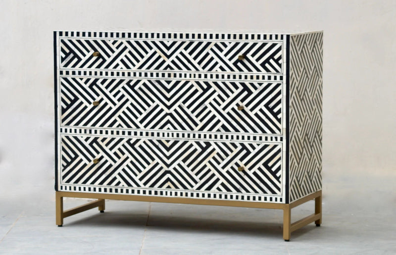 Handmade Bone Inlay Black Dresser with 3 Drawers - Elegant Optical Design for Bedroom, Living Room & Office Storage