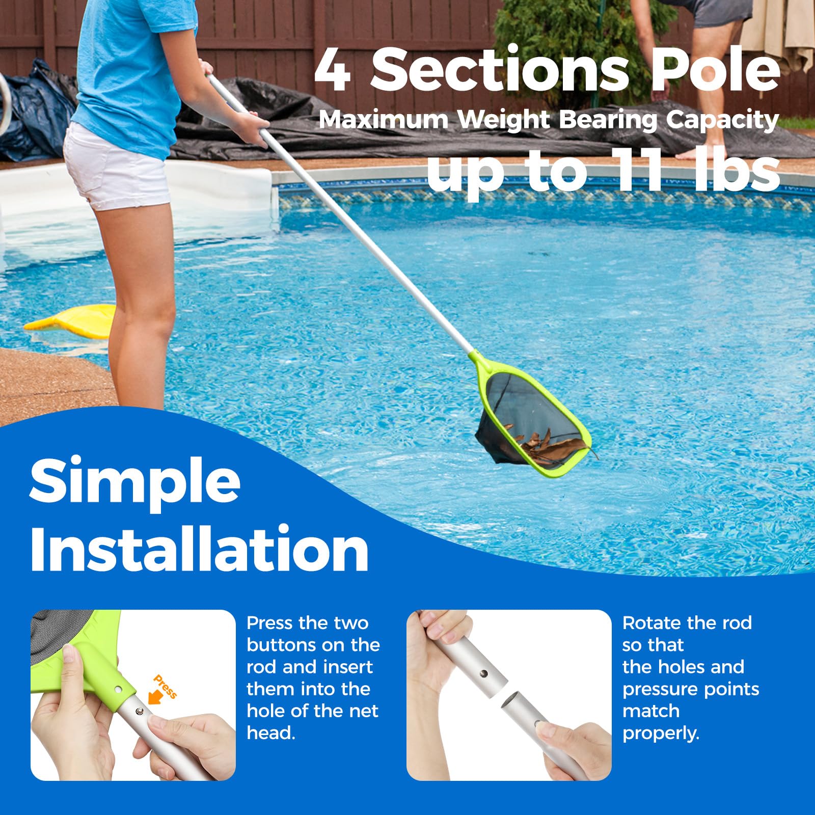 Swimming Pool Skimmer Net 57 Inches - 4-Section Telescopic Aluminum Pole Leaf Rake Net for Fast Cleaning Ponds, Hot Tubs, Spas - Ideal for Backyard, Inground & Above Ground Pools
