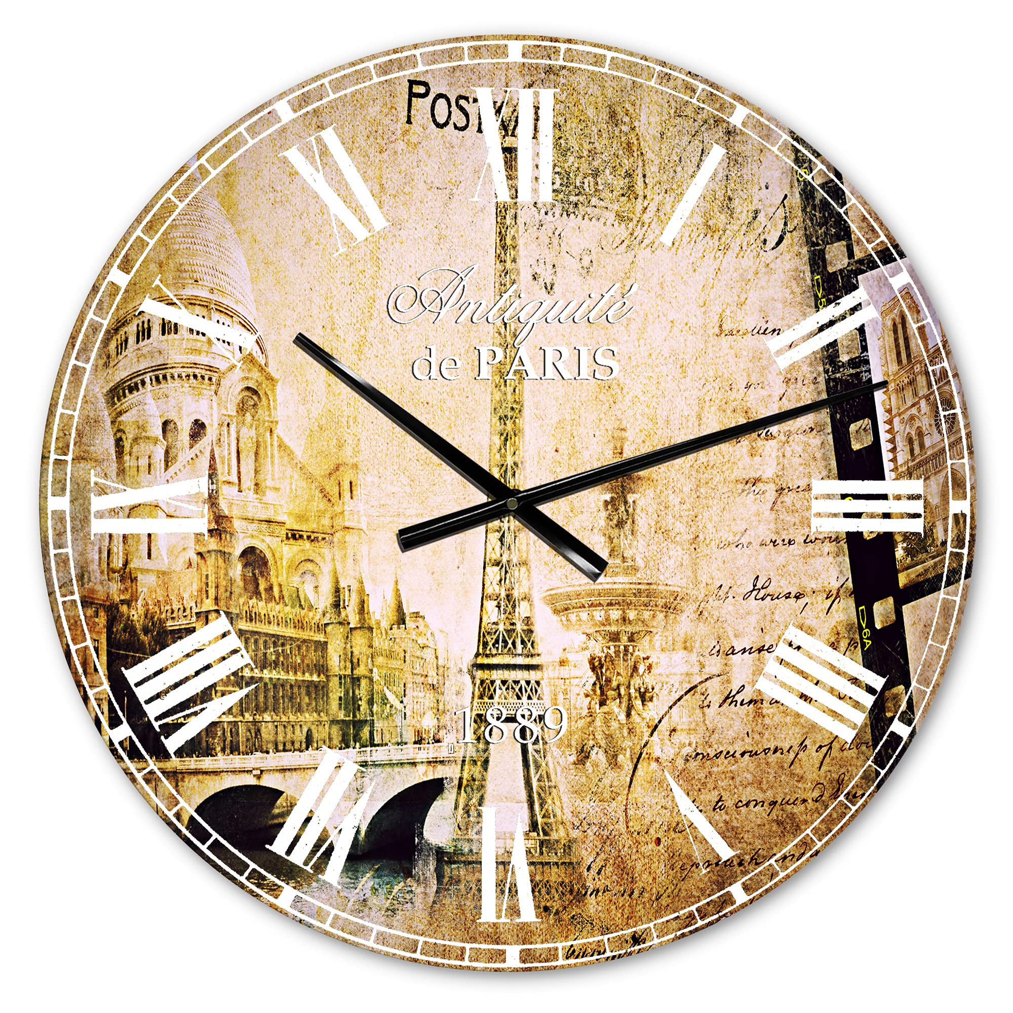 French Country Wall Clock 'Paris Memories' - Brown Round Vintage Wall Clock for Living Room, Kitchen, Bedroom Decor - Perfect for Farmhouse, Rustic & Parisian Style Home Décor