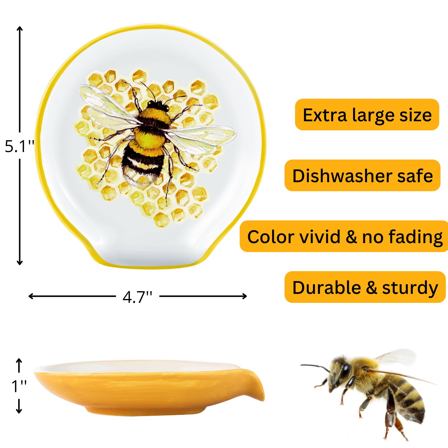 Honey Bee Spoon Rest - Large Ceramic Kitchen Utensil Holder, Bumblebee Decor for Countertop - Yellow Honeycomb Hive Themed Gift for Home & Kitchen Decor | Perfect for Tea Parties, Farmhouse Kitchens, and Bee Lover Gifts