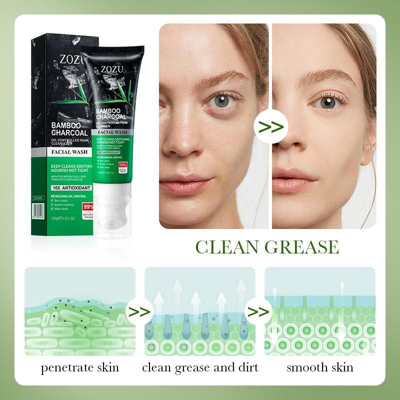 Bamboo Charcoal Face Wash - Oil Control Foam Cleanser for Deep Cleansing, Brightening & Improving Dull Skin | 10X Antioxidant Power | 99% Natural Origin | Perfect for Oily & Acne-Prone Skin Daily Care