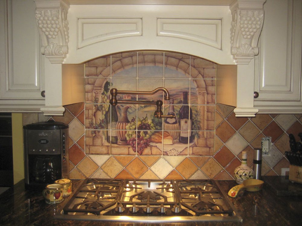 Tuscan Wine Tile Mural Wall Art - Hand-Painted by Artist Rita Broughton - Perfect for Kitchen Backsplash, Bathroom Decor & Mediterranean Home Accents