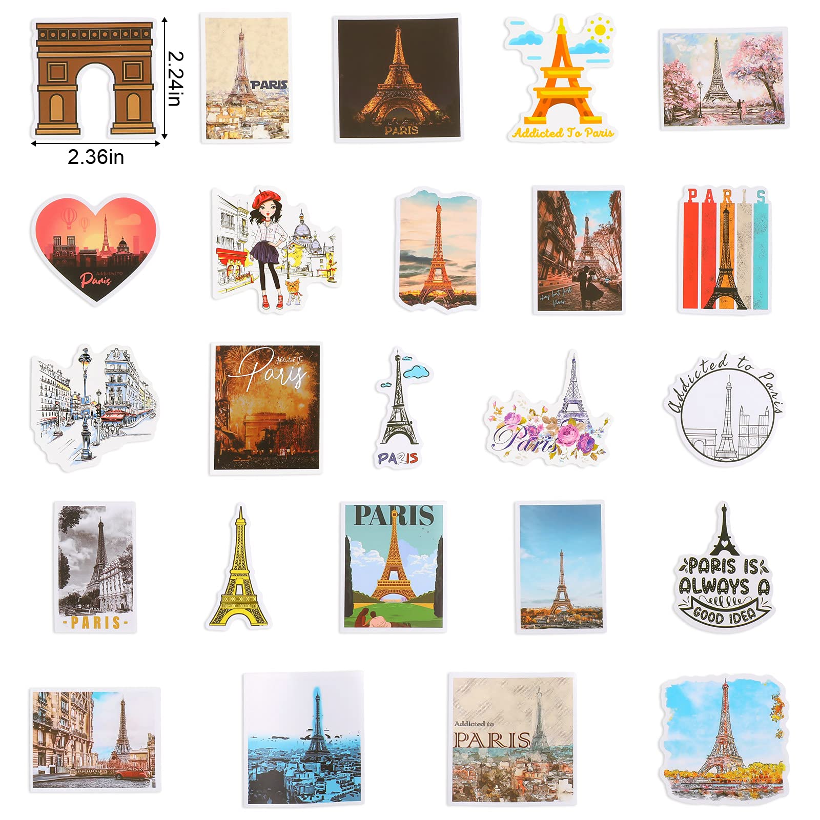 100 Pcs Paris Stickers - French Style Vinyl Decals with Eiffel Tower & US States - Vintage Travel Stickers for Water Bottles, Laptops, Scrapbooking & DIY Crafts