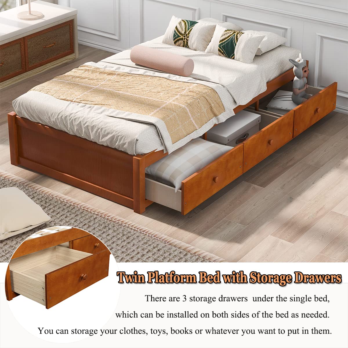 MERITLINE Twin Storage Bed with 3 Drawers - Solid Wood Platform Bed Frame with Built-in Storage, Wood Slat Support (No Box Spring Needed) - Space-Saving Oak Bed for Small Bedrooms, Kids Rooms & Guest Rooms