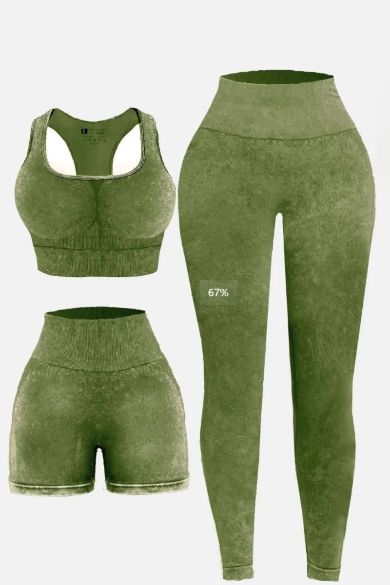 3 Piece Washed Square Neck Wide Strap Active Set for Women - Gym, Yoga & Lounge Wear - Comfortable Workout Outfit for Running & Pilates
